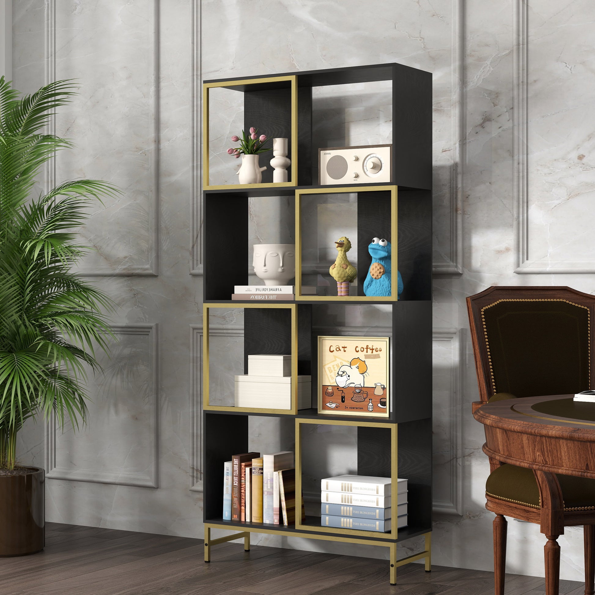 Modern black and gold open bookshelf with decorative items