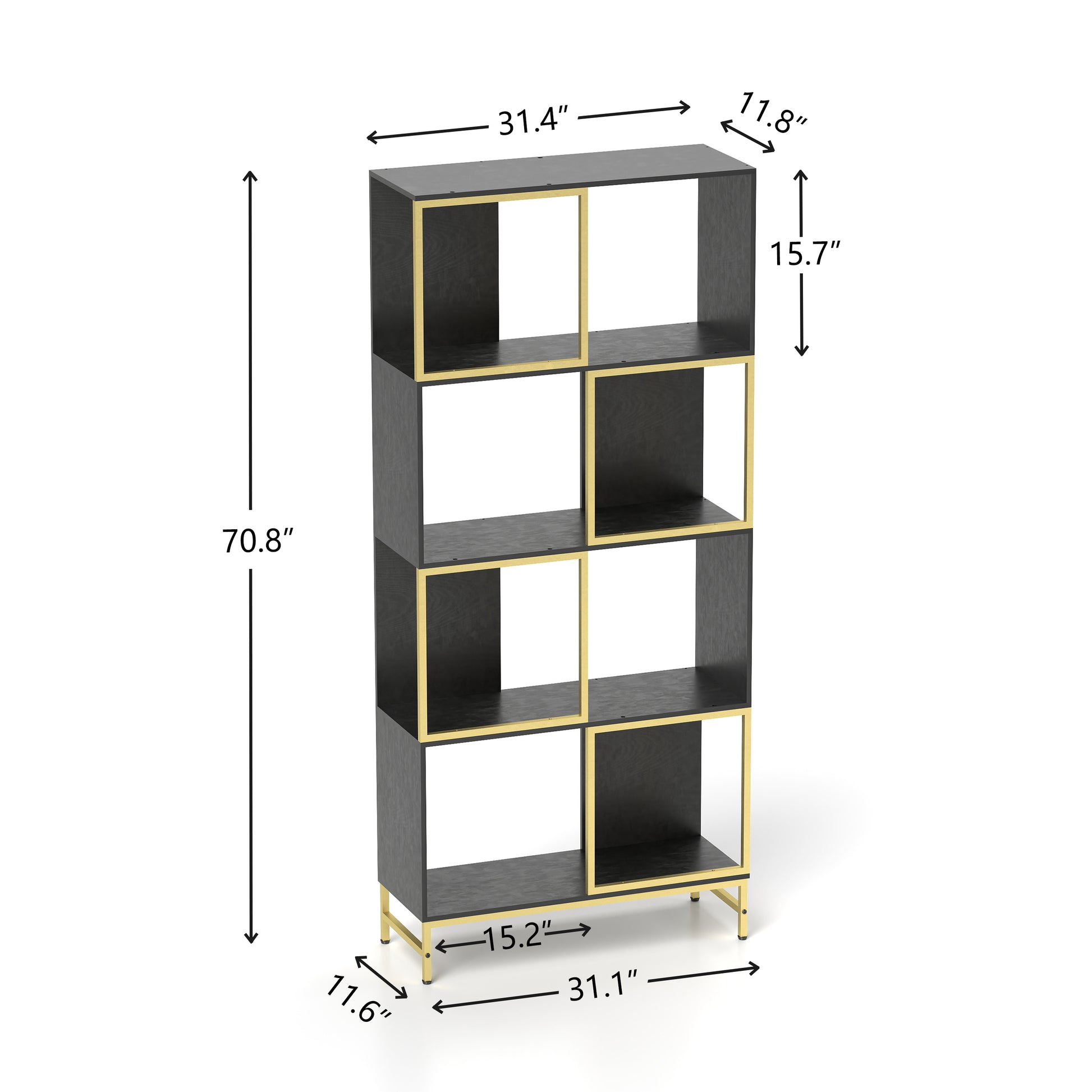 Tall black bookshelf with gold accents and open cubbies