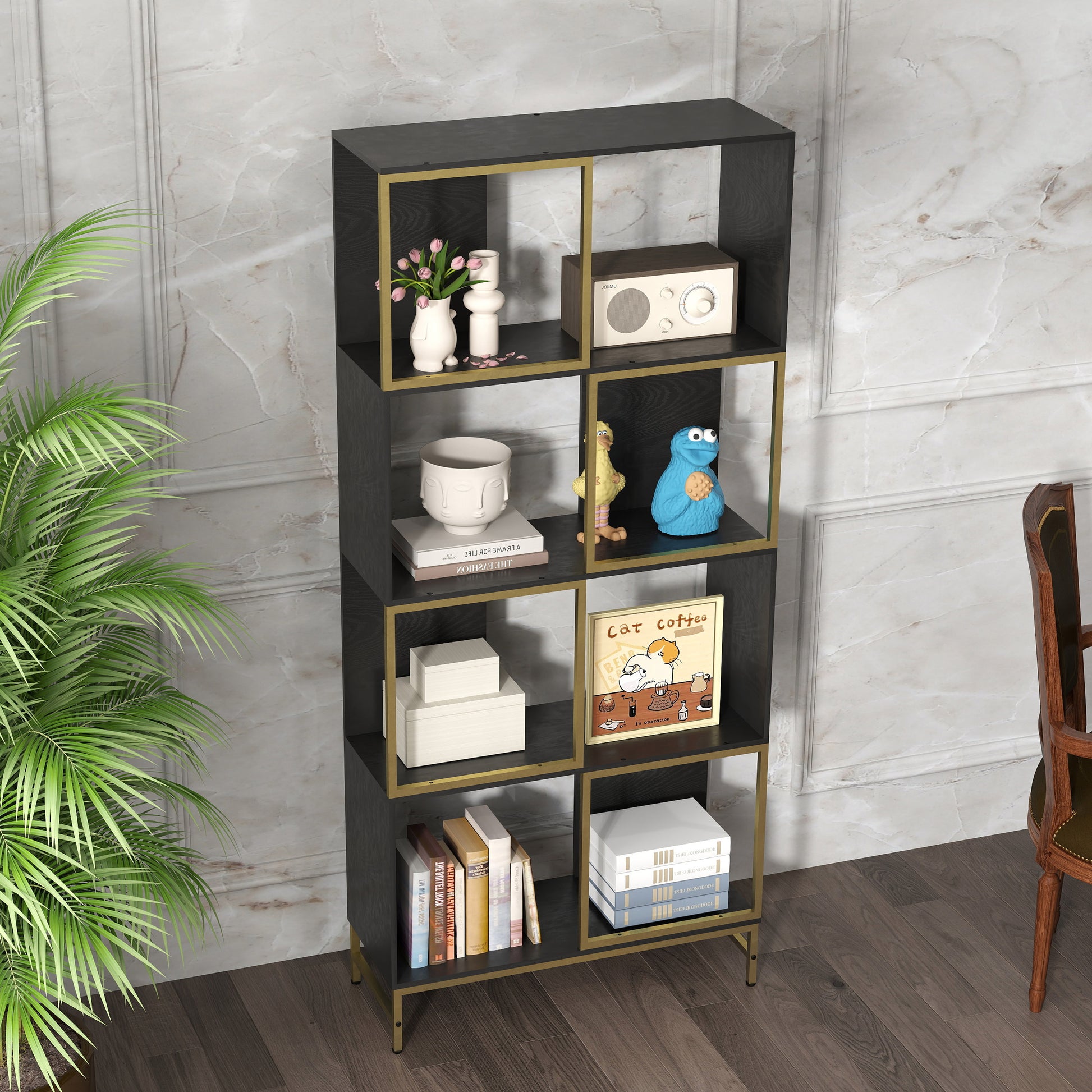 Black and gold bookshelf with decorative items