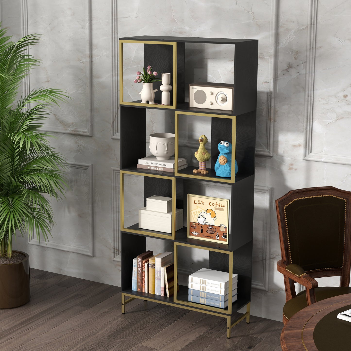 Black and gold modern bookshelf with assorted decorative items