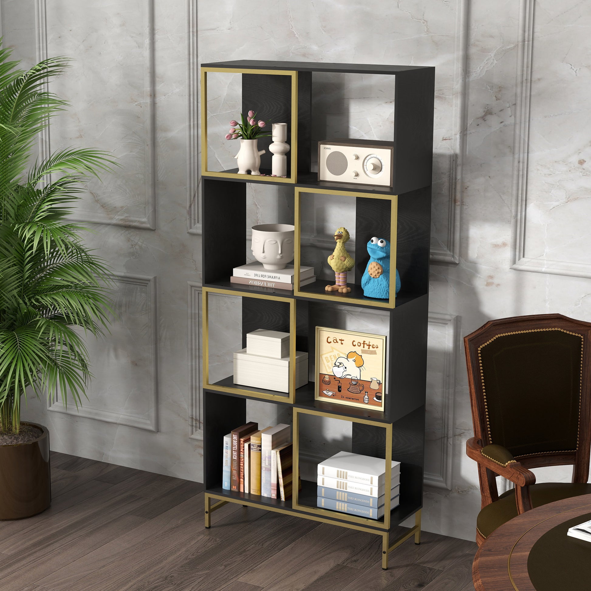 Black and gold modern bookshelf with assorted decorative items