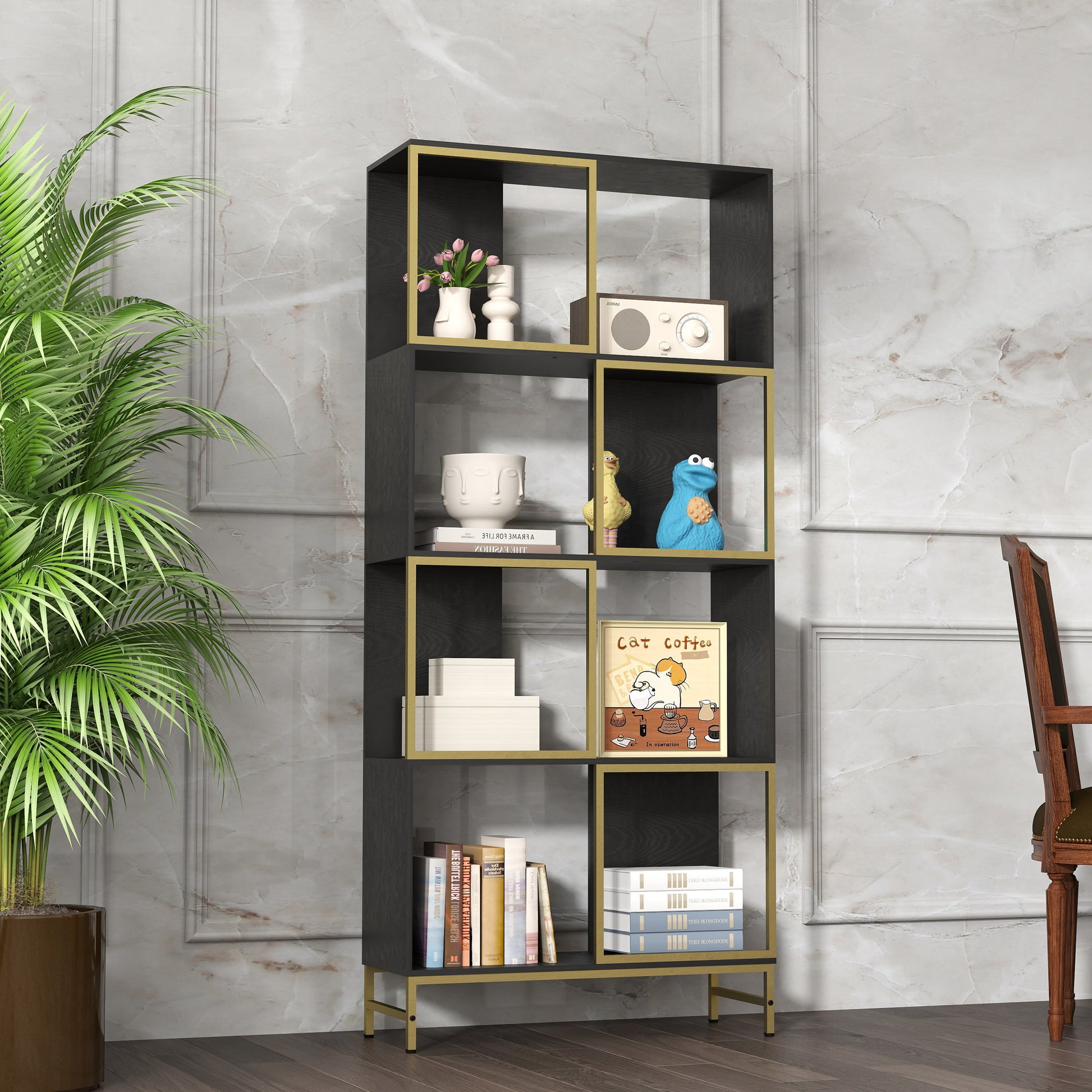 Black and gold modern bookshelf with decorative items
