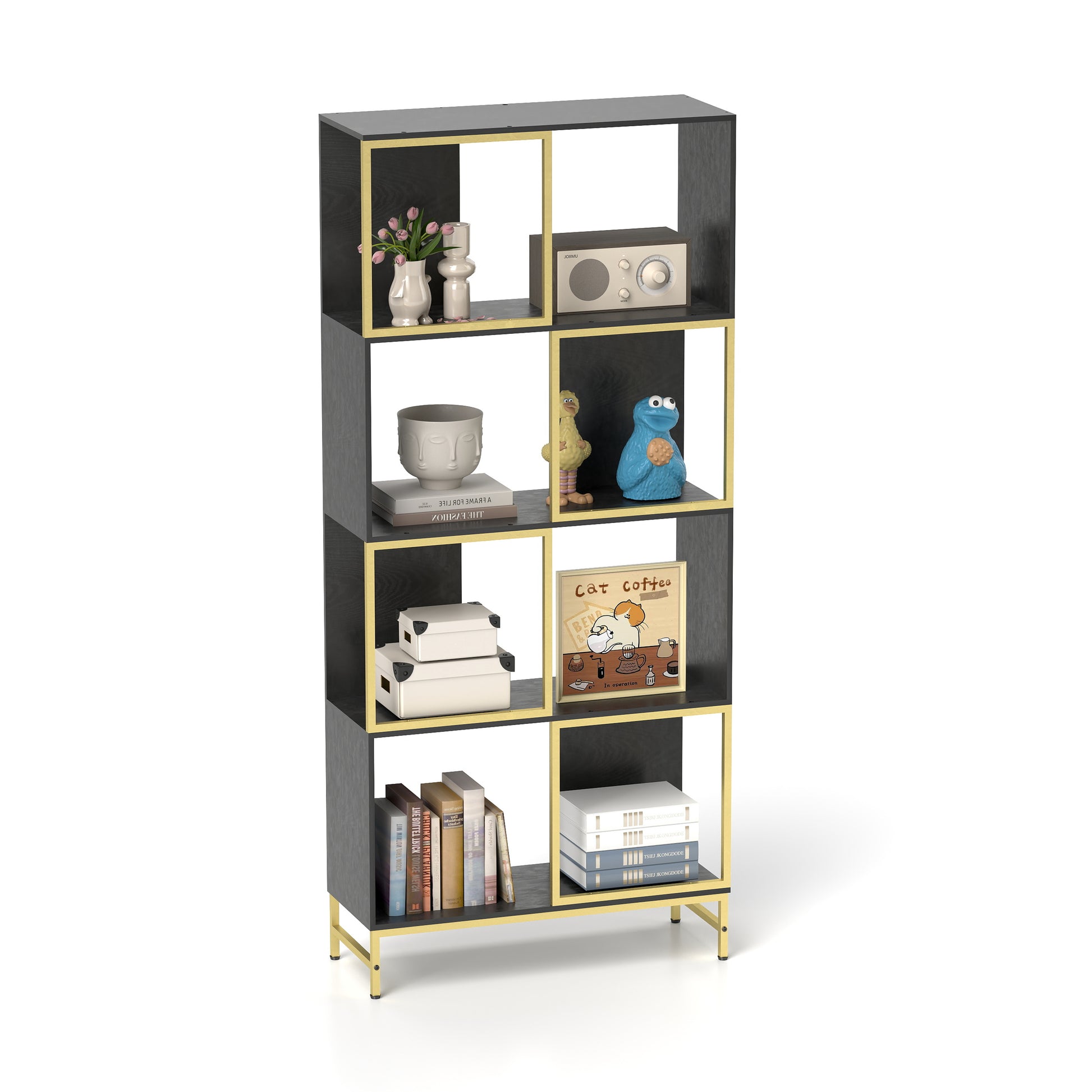 Black modern bookshelf with gold accents and stacked decor