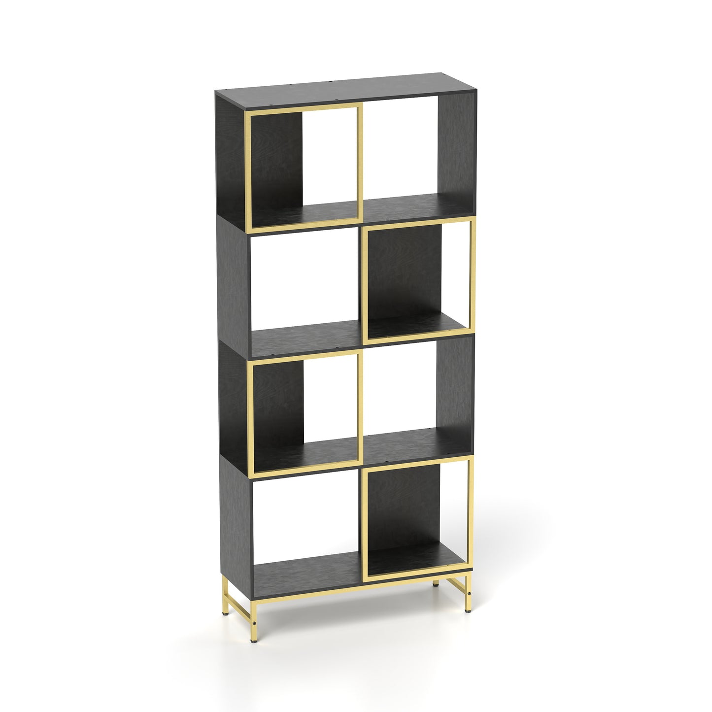 Modern black bookshelf with gold accents and open cubbies