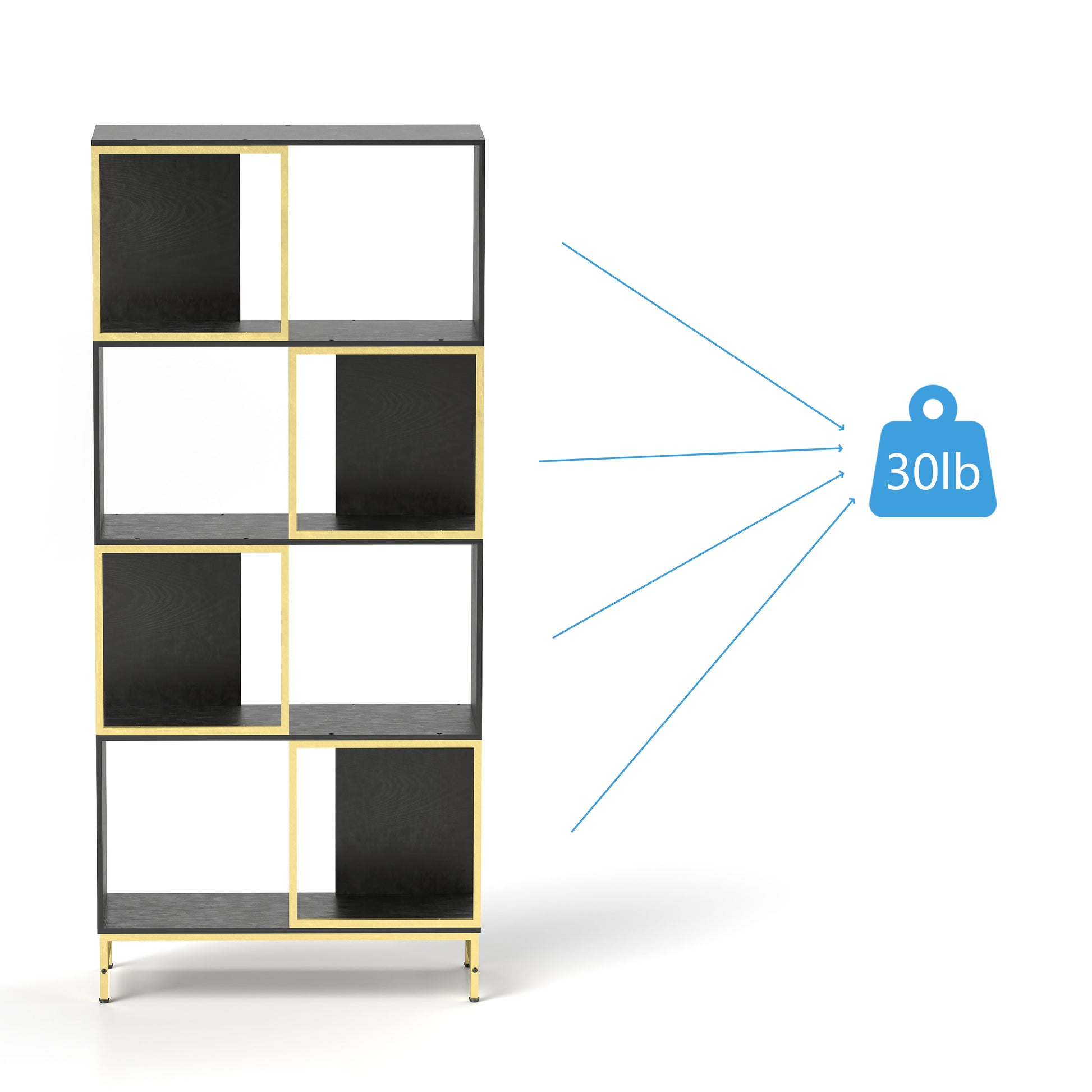 Modern black wood bookshelf with gold accents featuring four open compartments and sleek legs