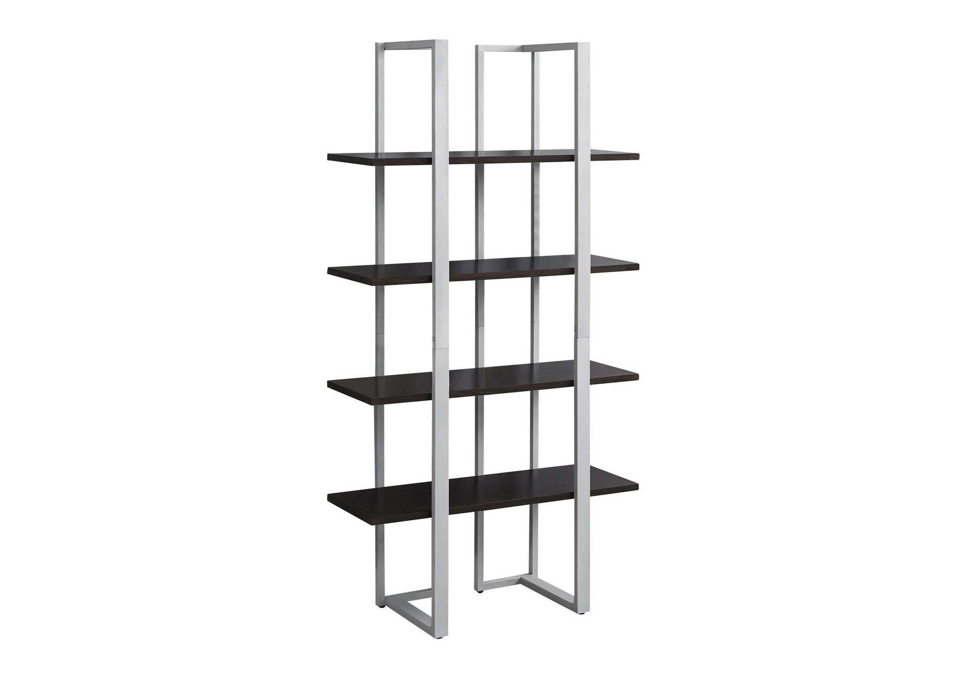 Modern metal frame bookshelf with dark wood shelves