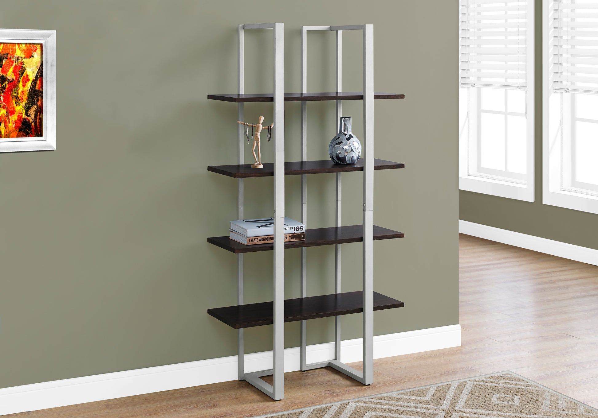 Modern fourshelf bookcase with dark espresso wood and silver metal frame