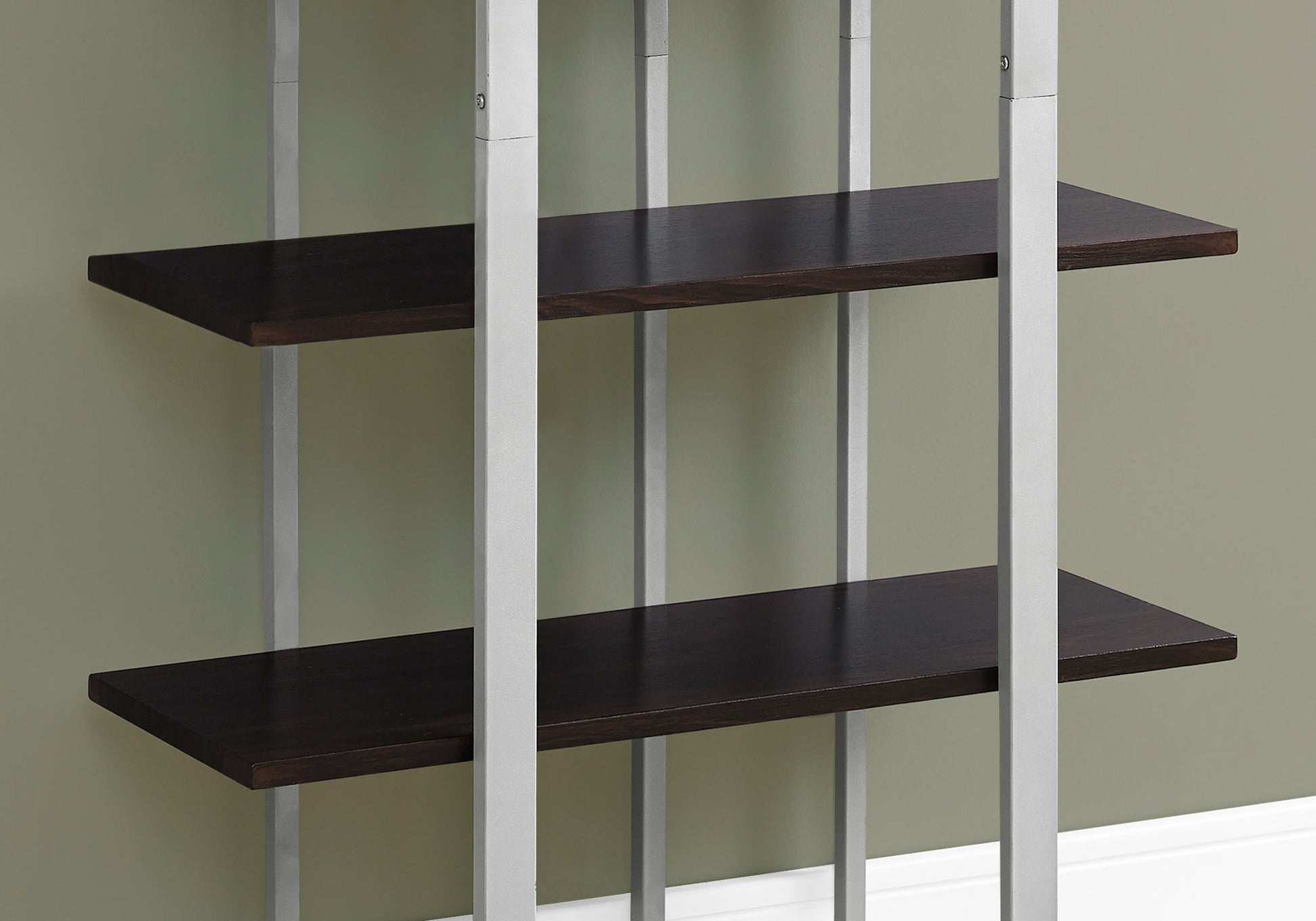 Dark espresso wood shelves with sleek silver metal frame
