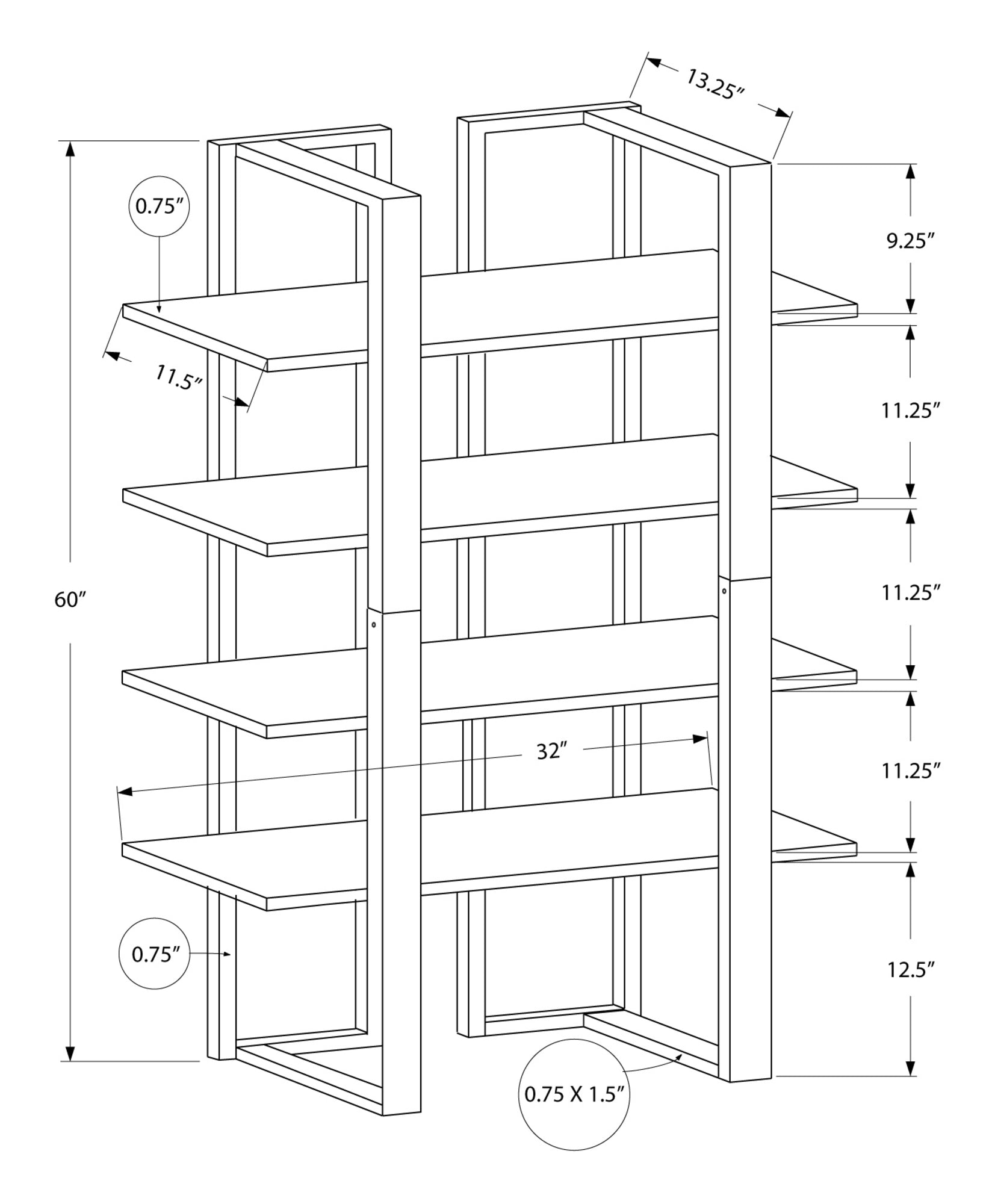 Line drawing of a modern open bookshelf with five shelves and metal frame construction