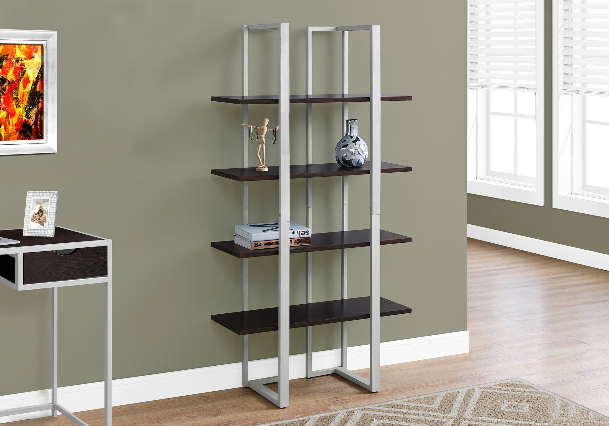 Modern metal and dark wood fourtier bookshelf for home organization