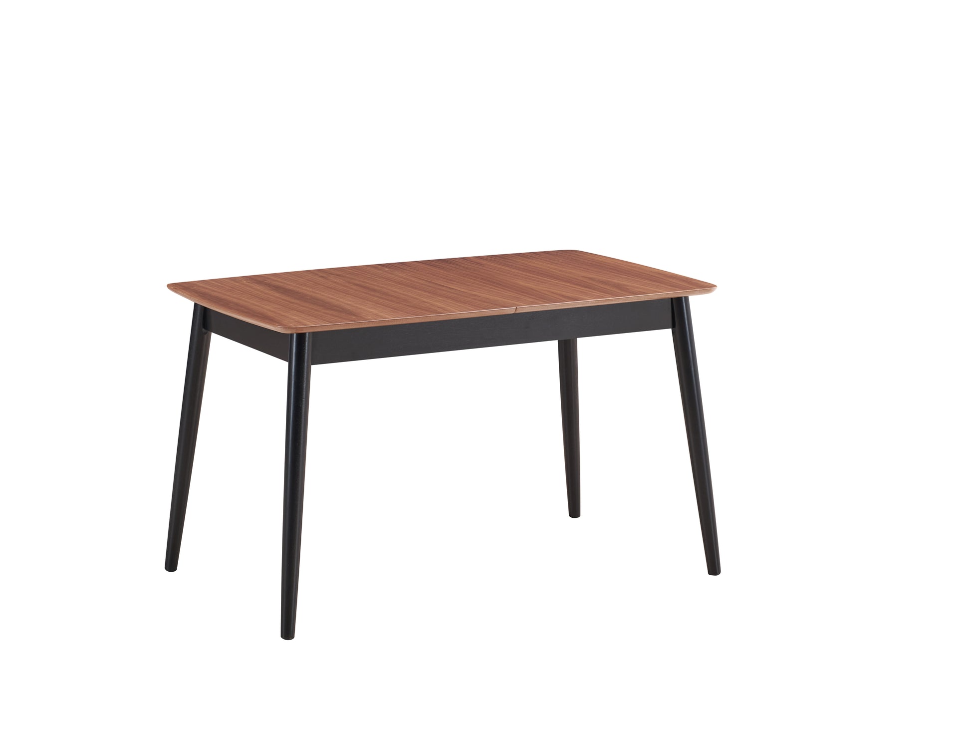 Walnut wood dining table with tapered black legs and rounded corners