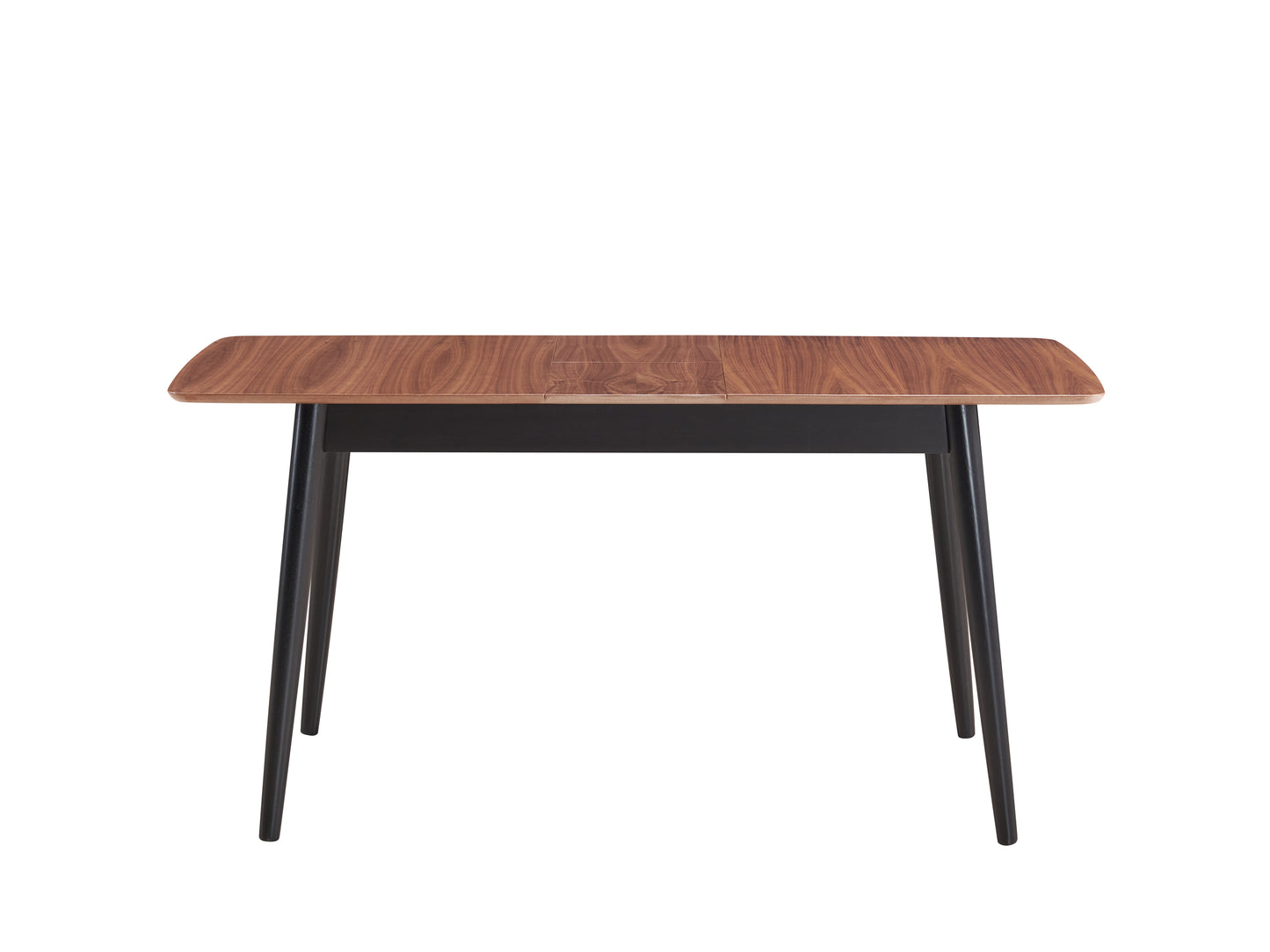 Modern extendable dining table with walnut veneer top and black metal legs