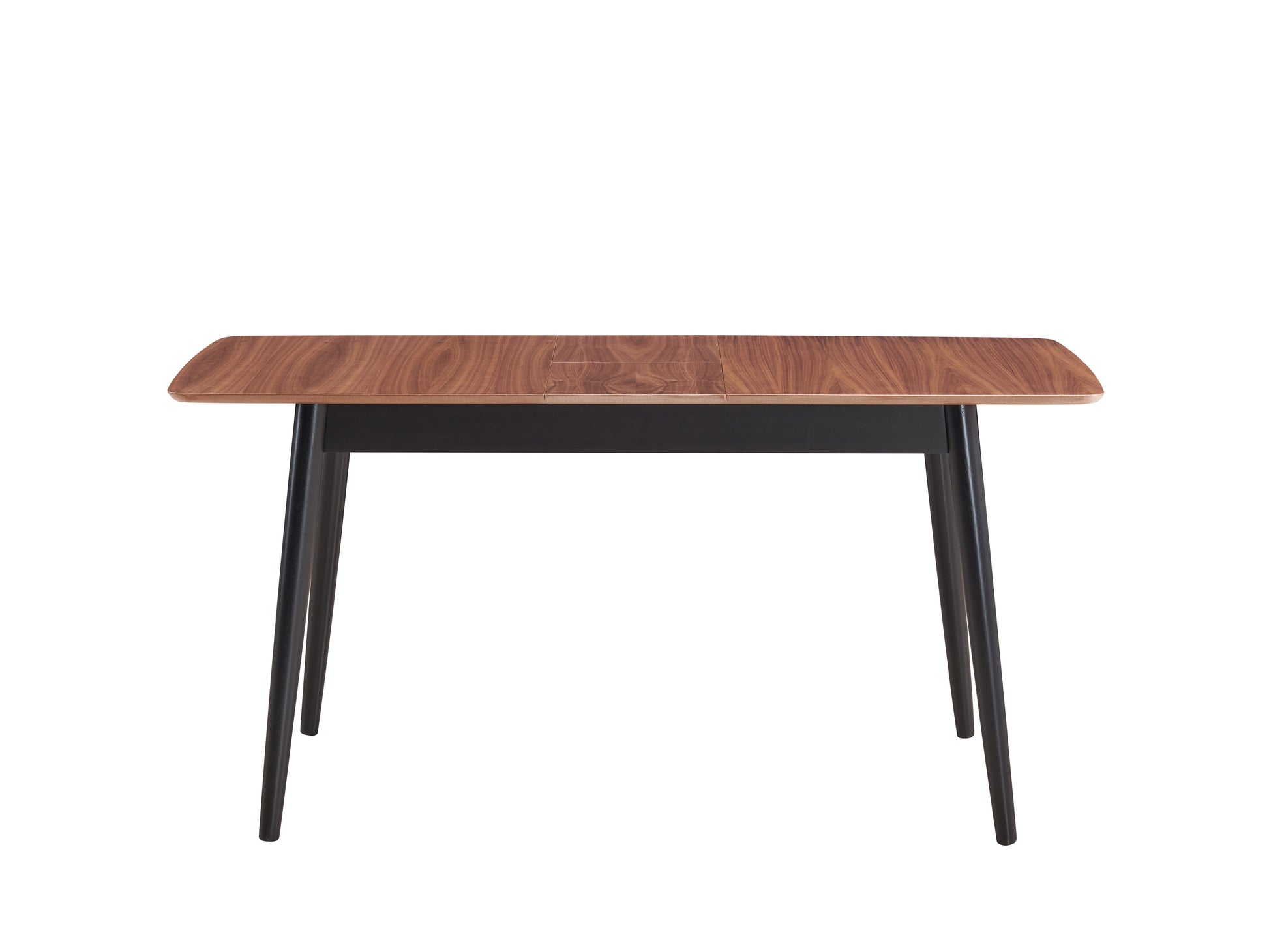 Modern extendable dining table with walnut veneer top and black metal legs
