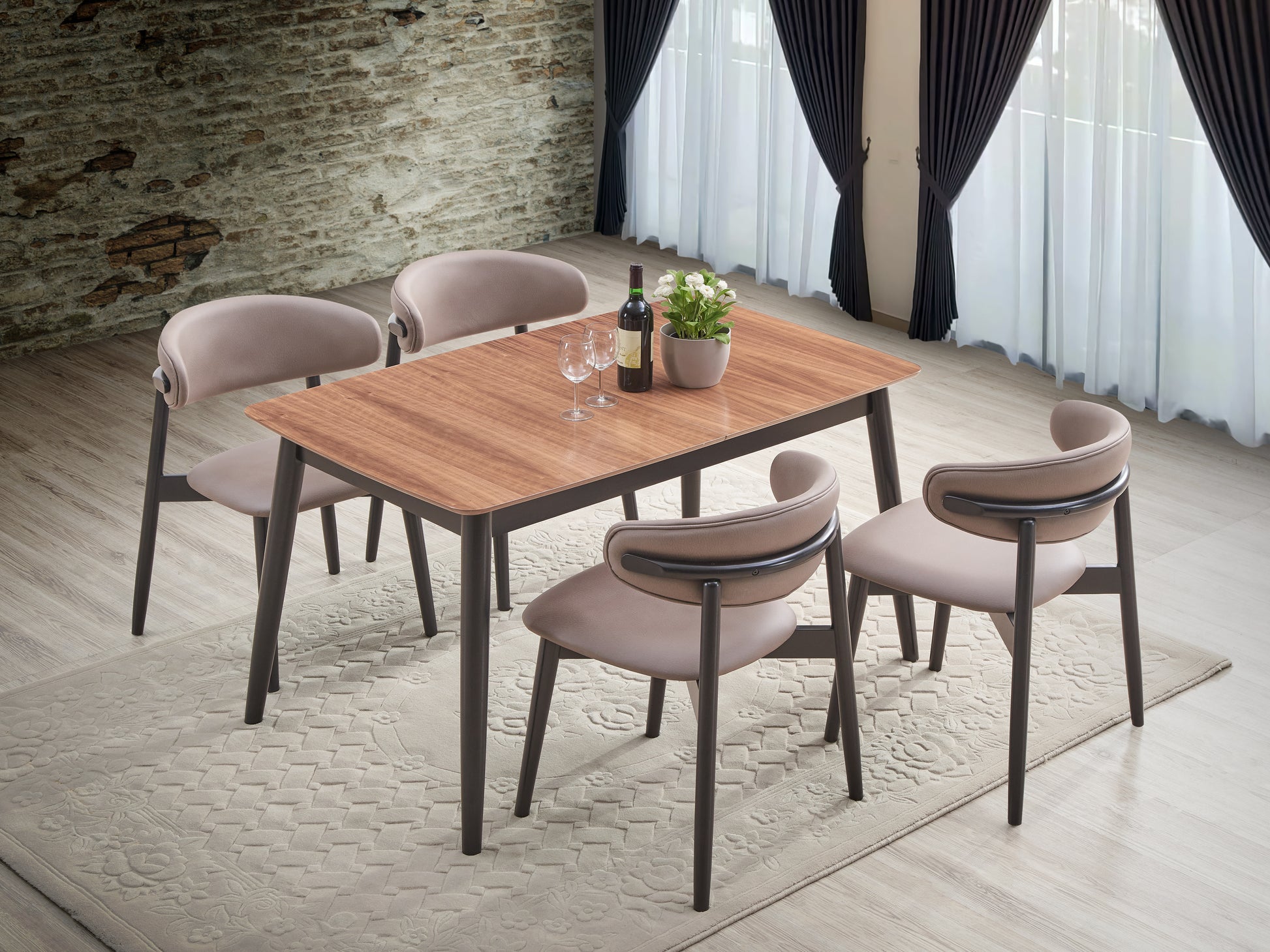 Modern dining table with four light brown upholstered chairs