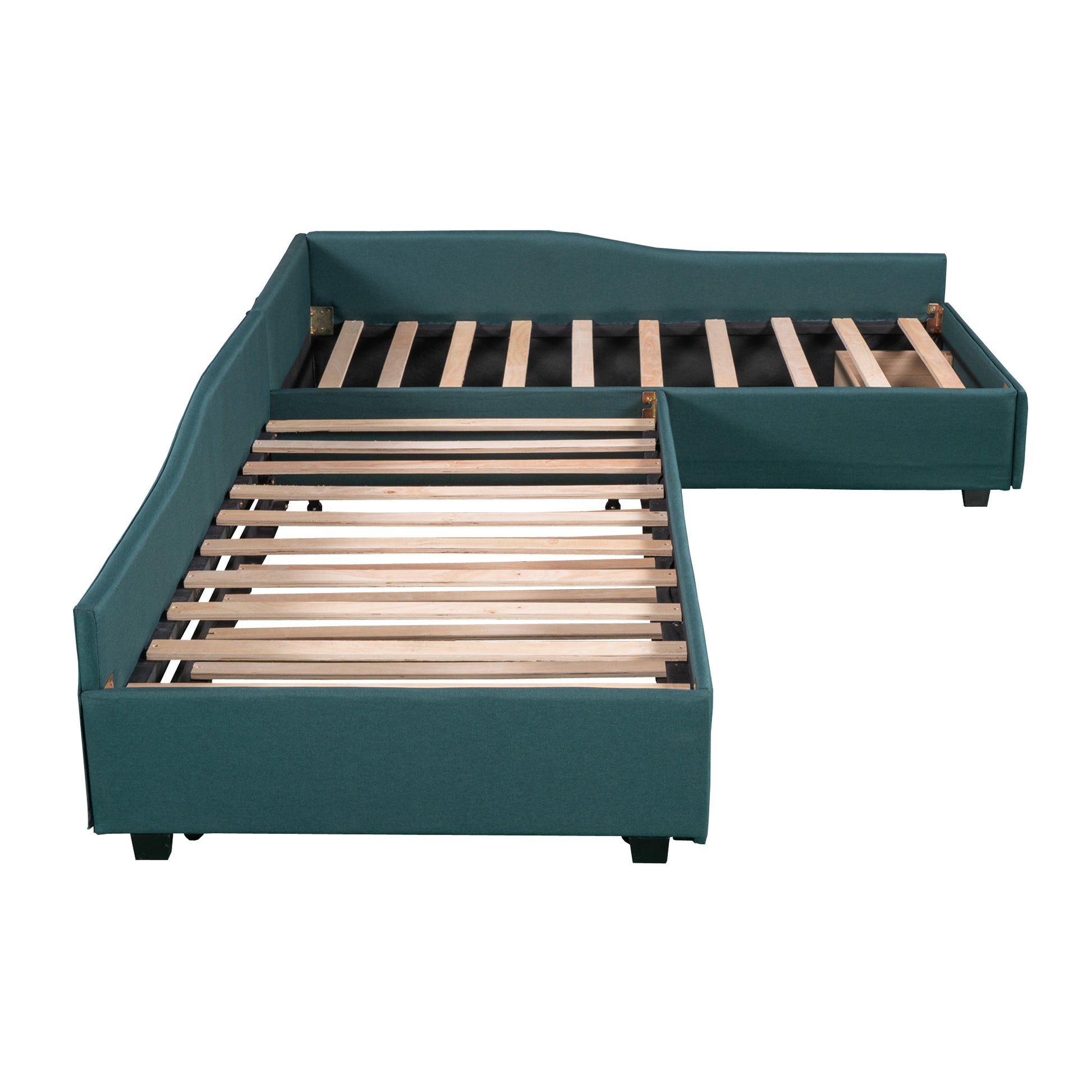 Teal fabric Lshaped sectional sofa frame with wooden slats exposed