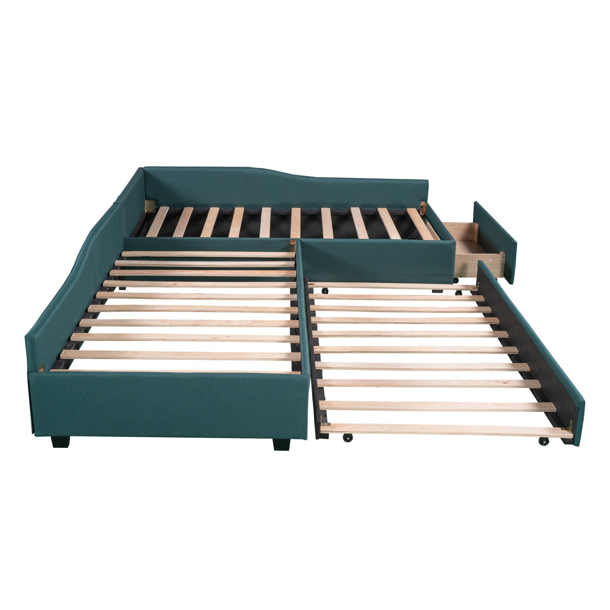 Teal upholstered daybed with pullout trundle and drawer