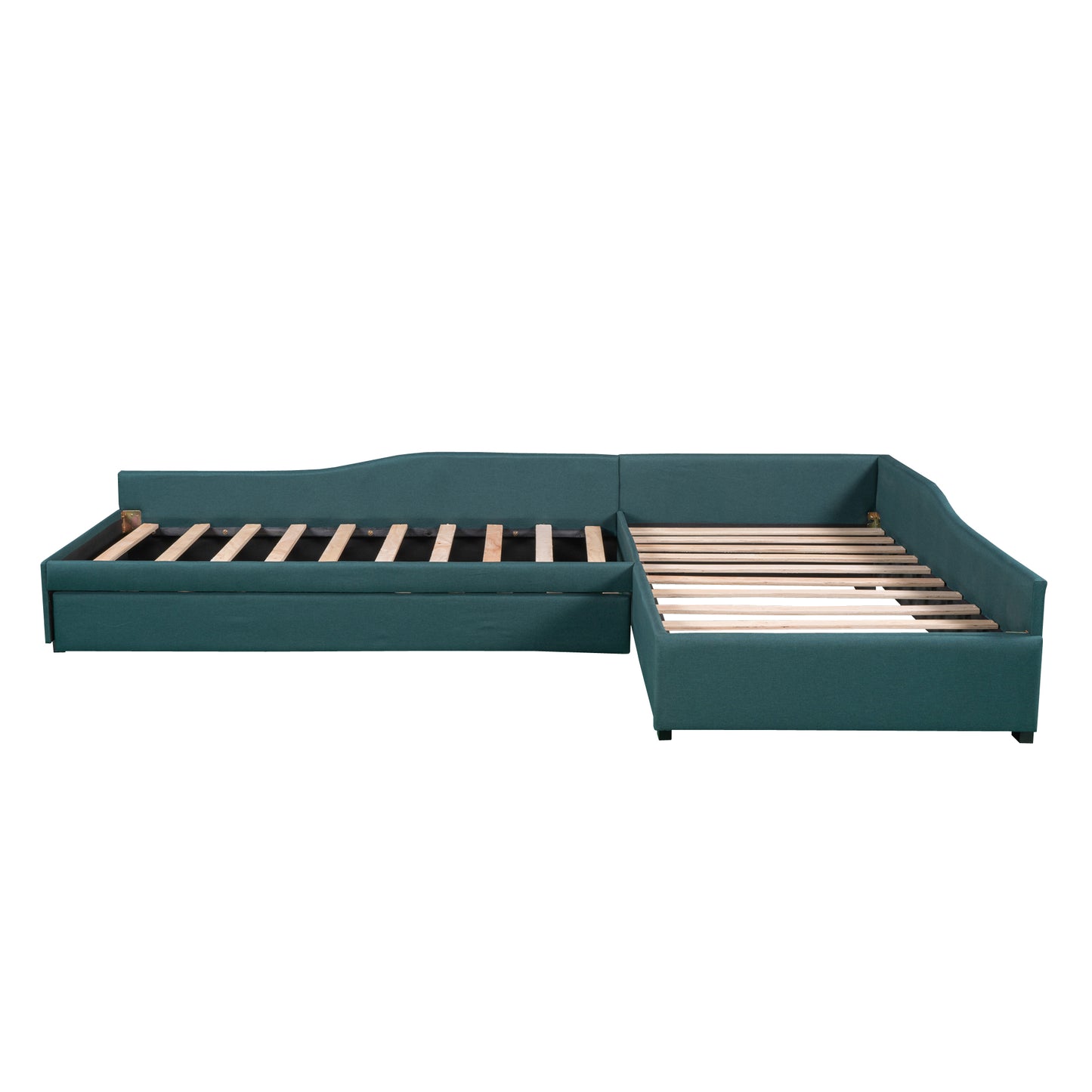 Teal fabric sectional sofa bed frame with slatted base for mattress support