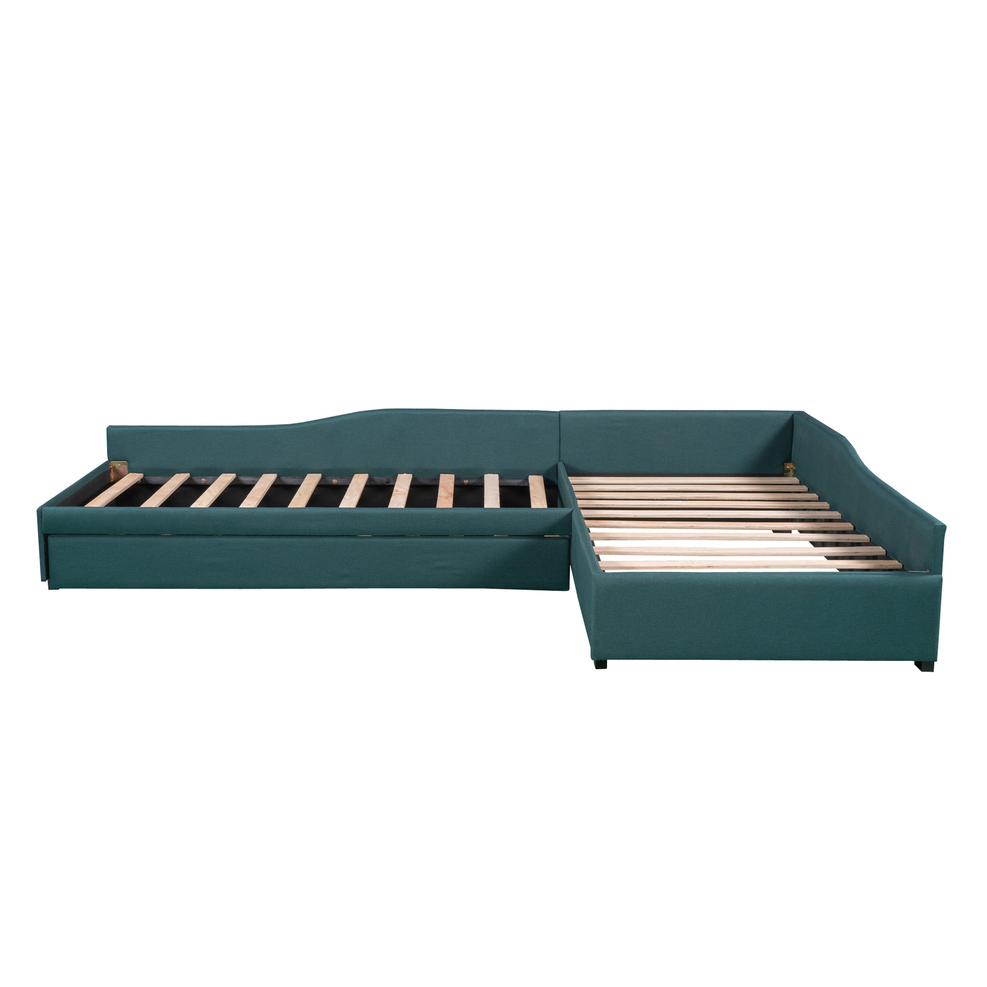 Teal fabric sectional sofa bed frame with slatted base for mattress support