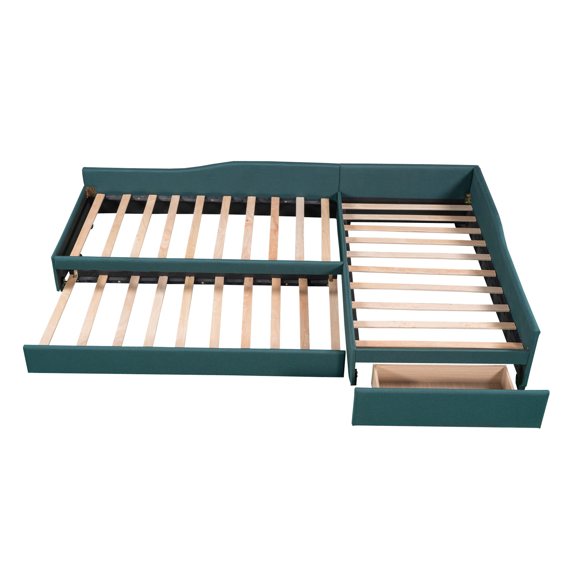 Teal fabric sectional sofa bed with pullout trundle and storage drawer