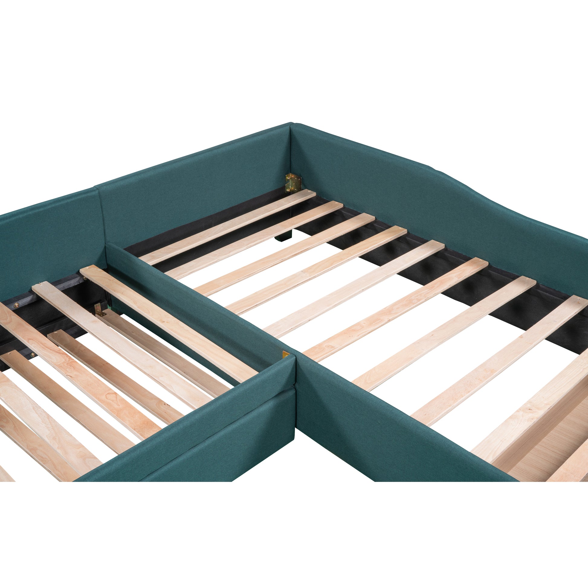Teal upholstered corner frame with wooden slats