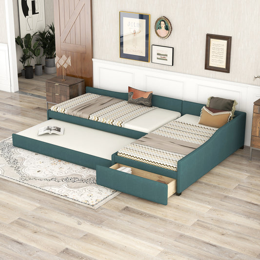 Teal velvet sectional sleeper sofa with pullout trundle and storage drawer