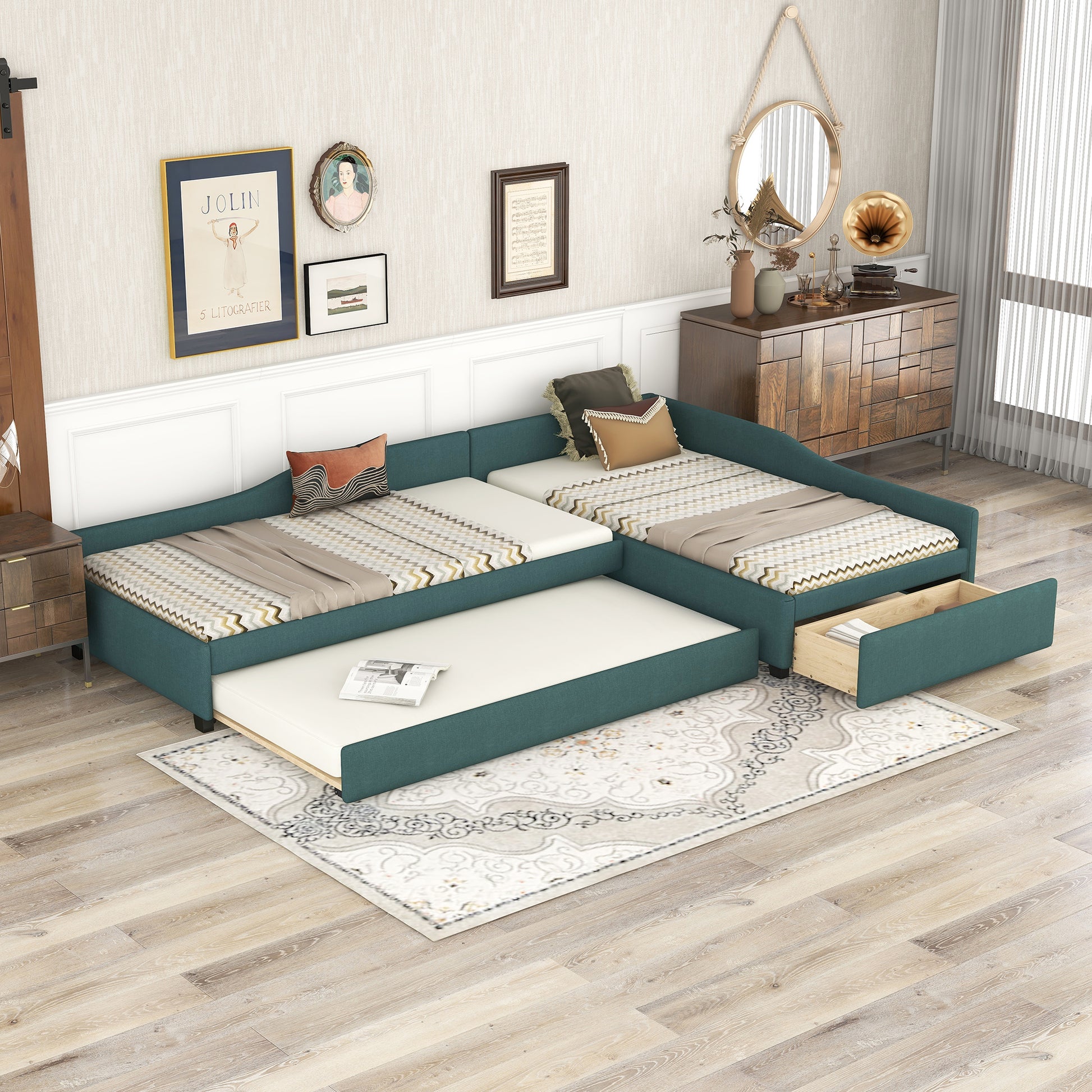 Teal fabric sectional sofa bed with pullout trundle and storage drawer