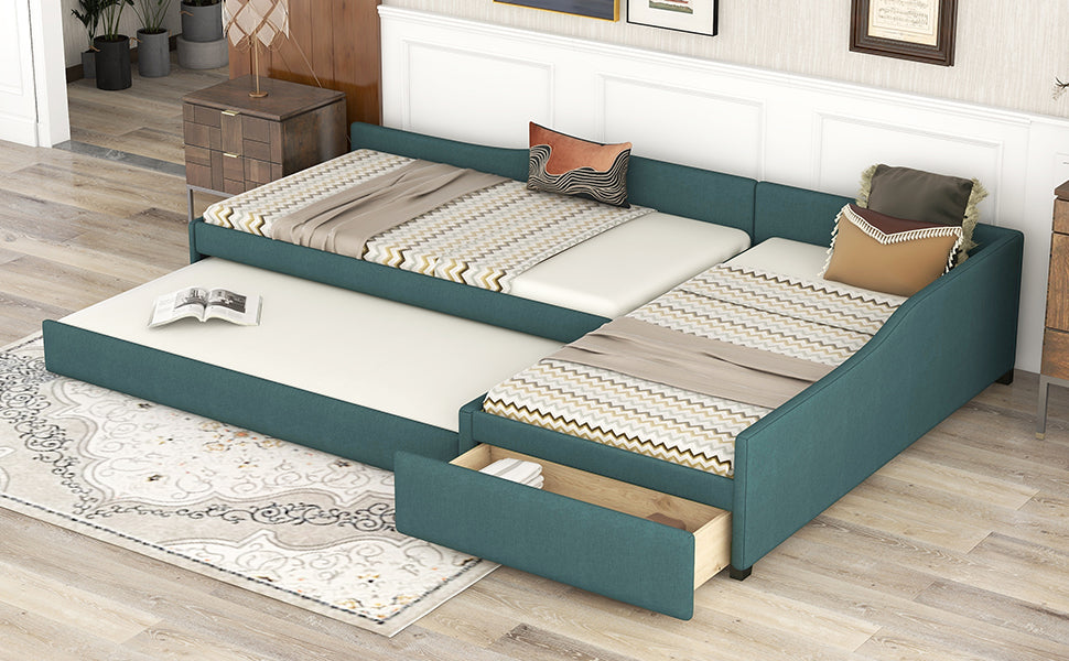 Teal pullout sofa bed with storage drawer