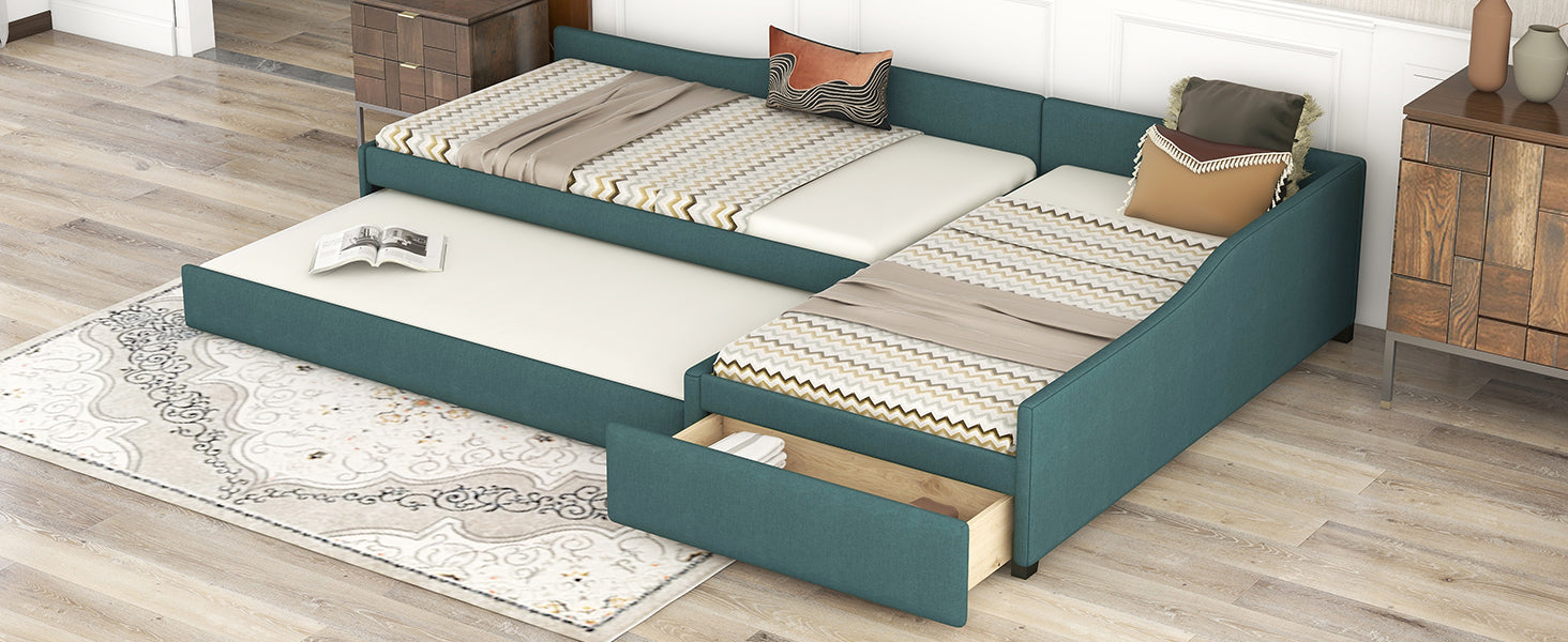 Teal sectional sofa bed with pullout trundle and storage drawer