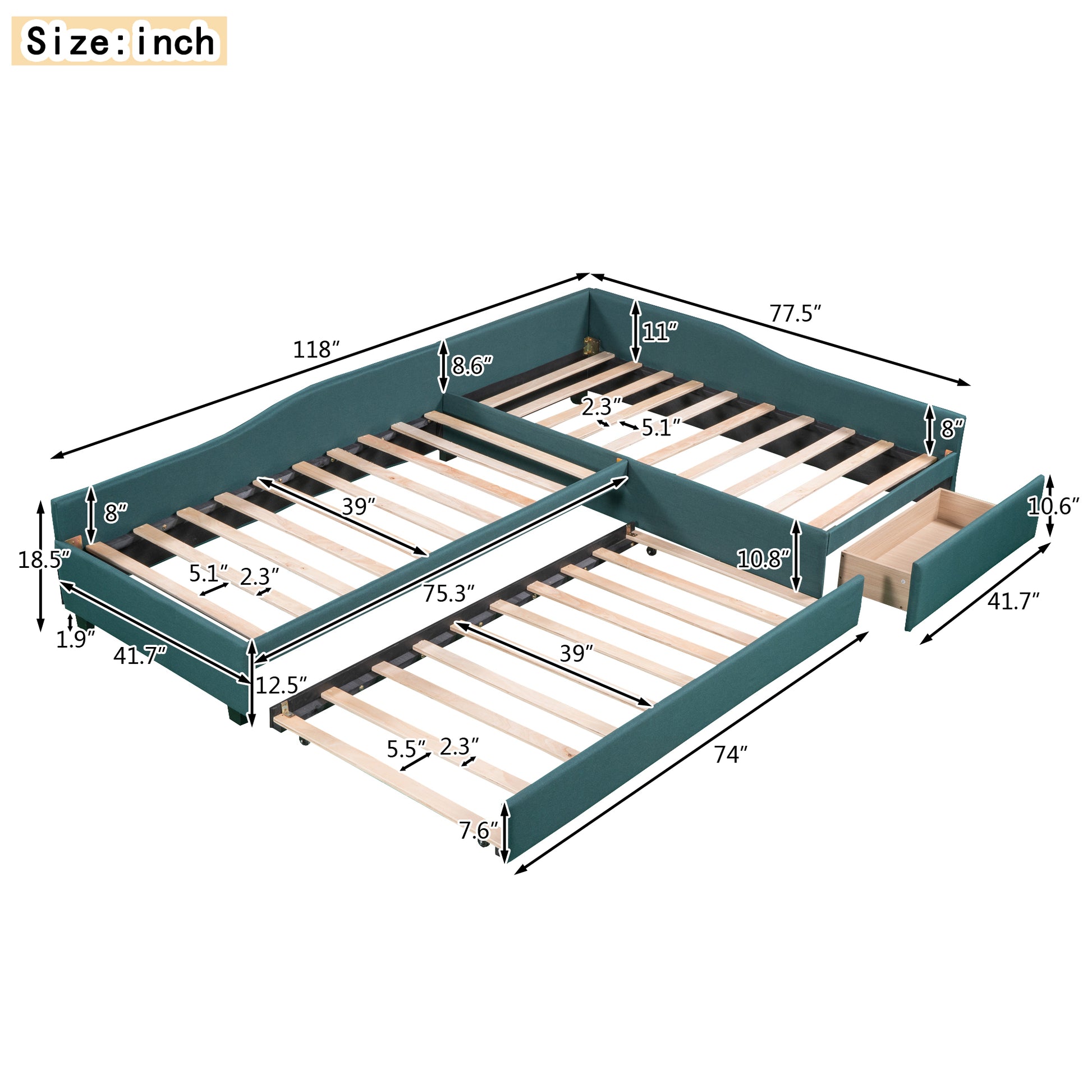 Teal upholstered daybed with twin trundle and storage drawers