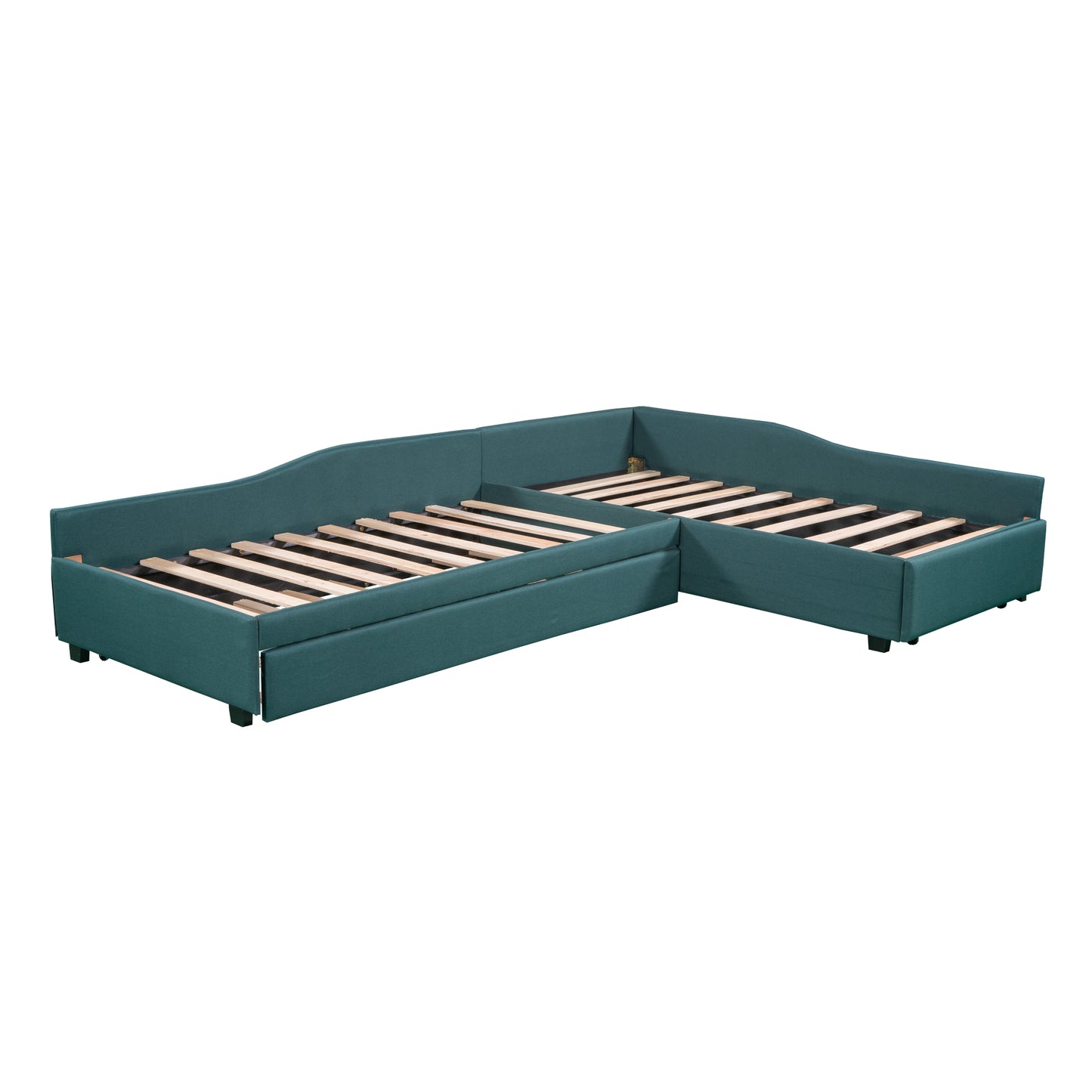 Teal upholstered sectional daybed with exposed wooden slats and pullout trundle frame