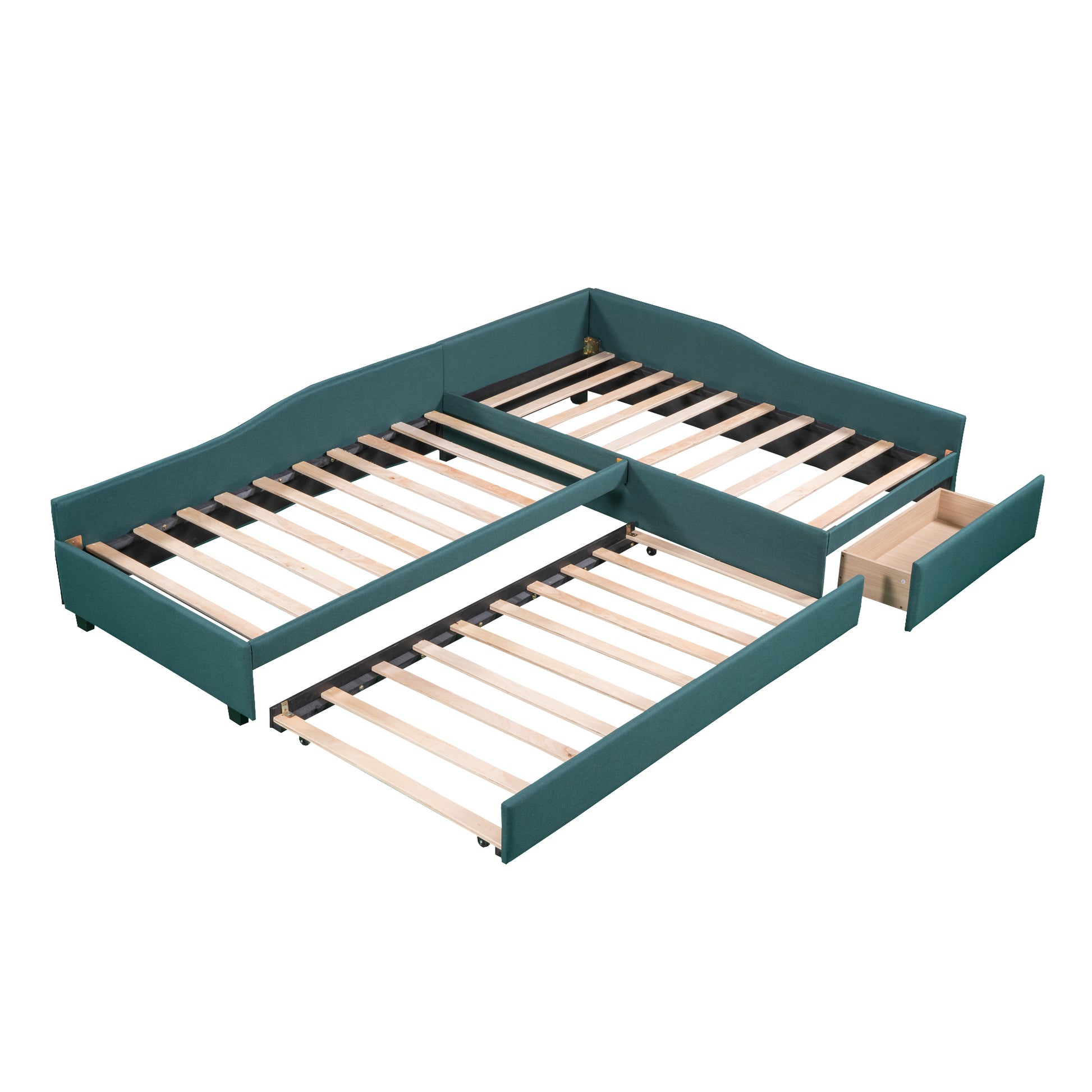 Teal fabric daybed with trundle bed extended and open drawer