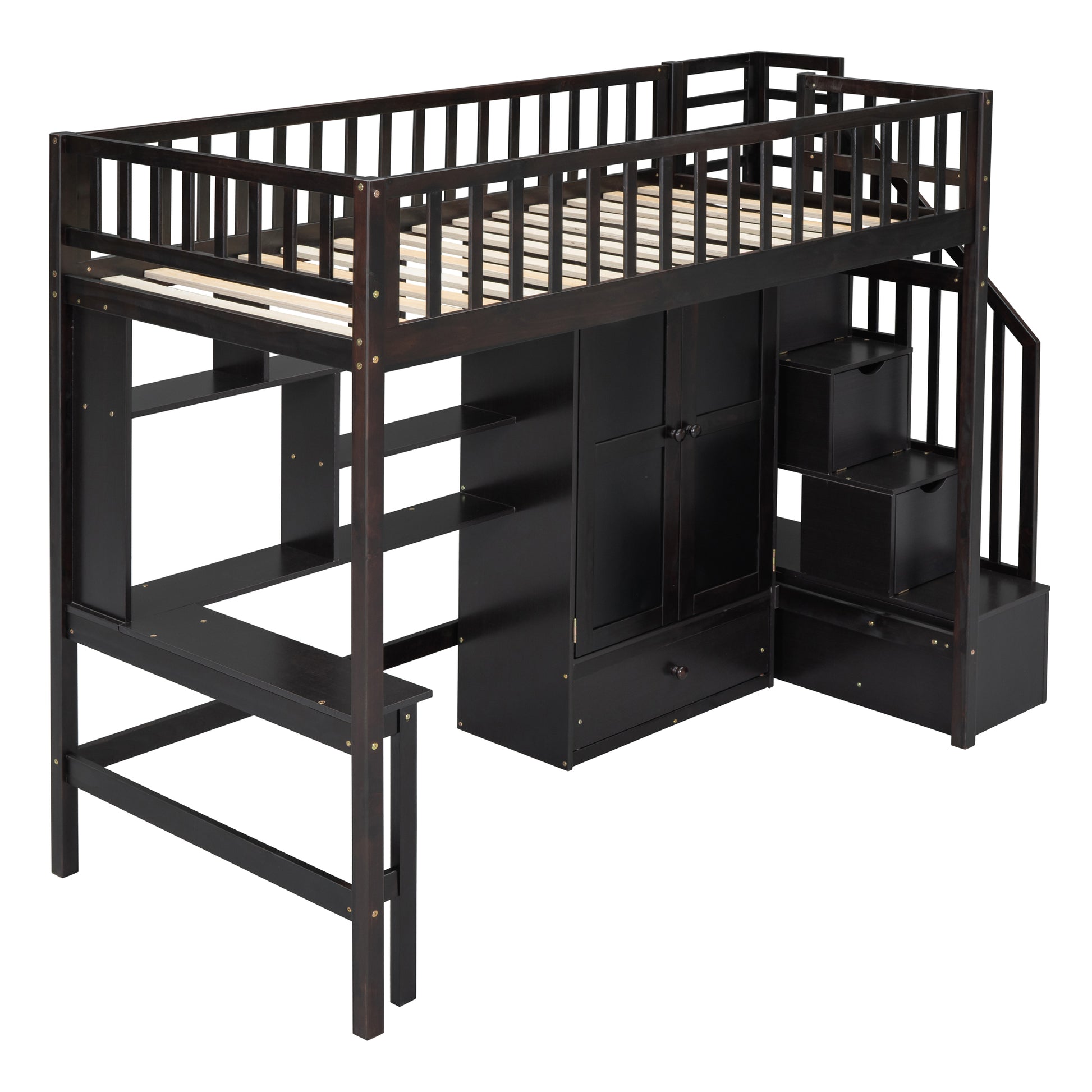 Dark wood loft bed with integrated desk and storage drawers
