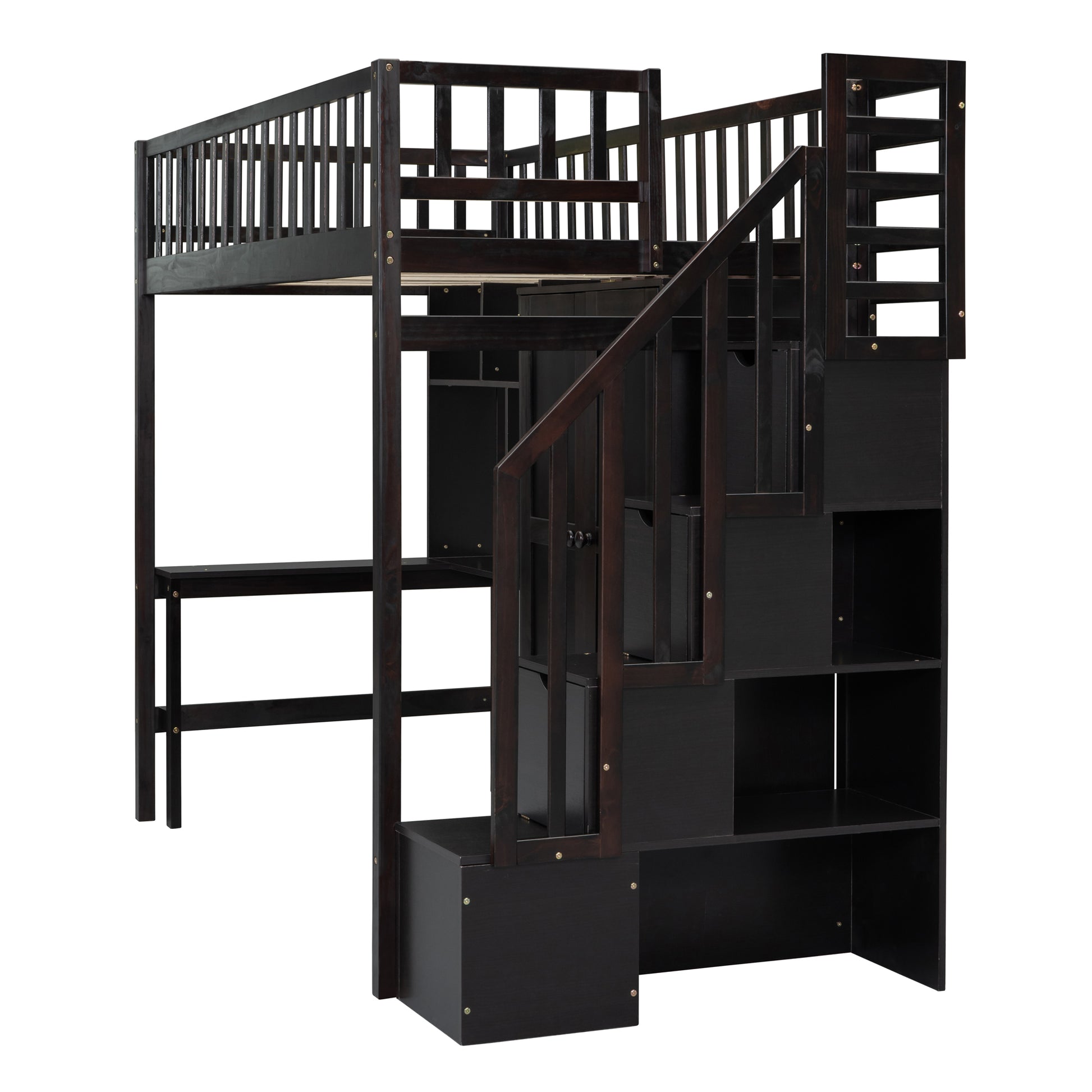 Dark wood loft bed with stairs and integrated desk