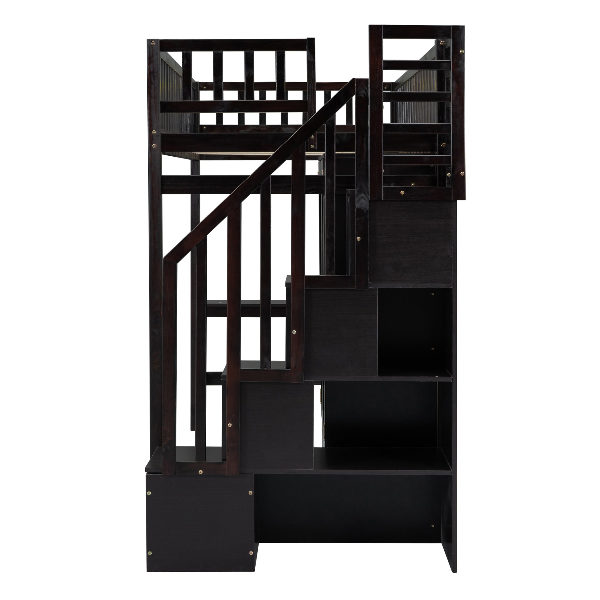 Dark wood bunk bed stairs with integrated storage shelves and handrail