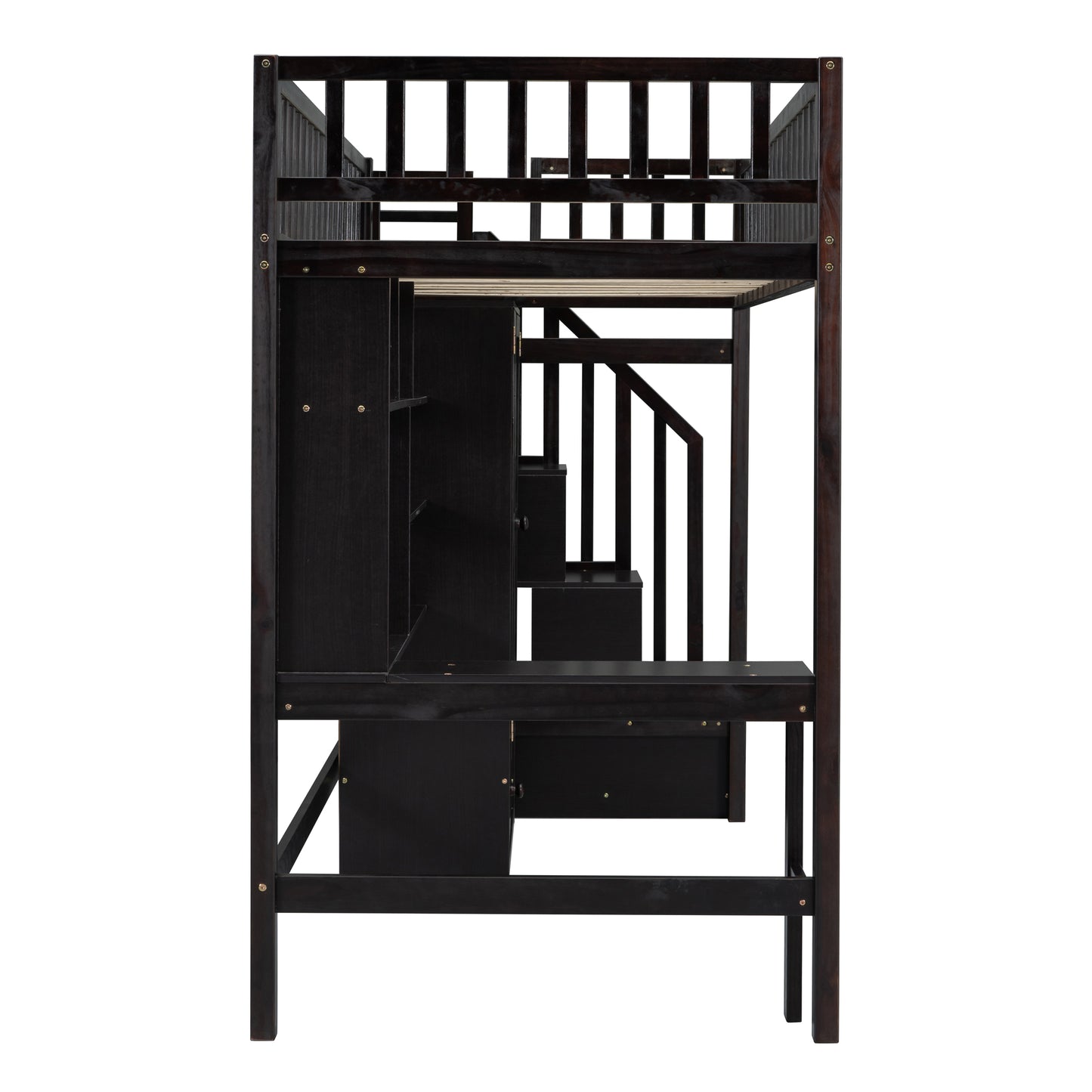 Dark wood loft bed with integrated desk and storage shelves