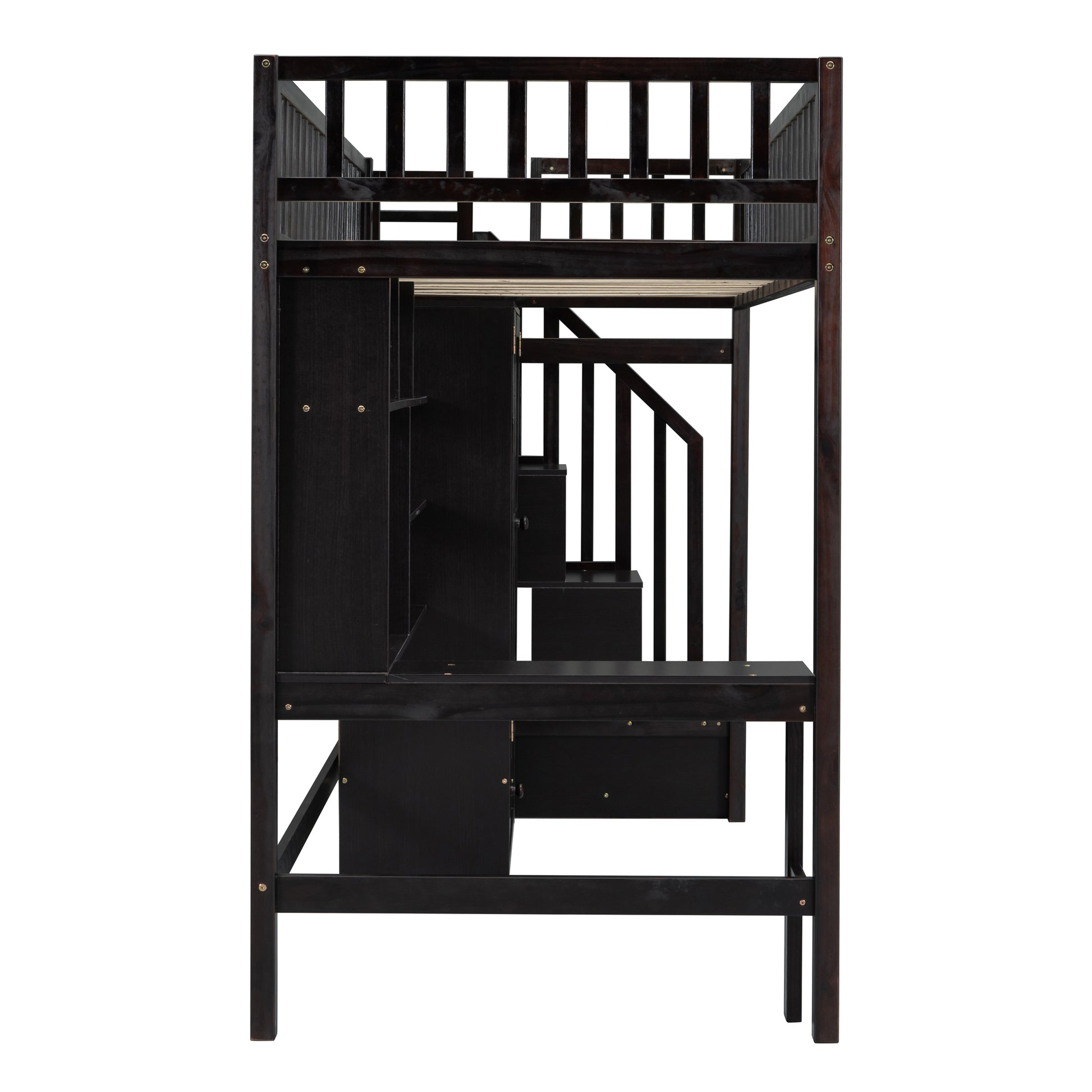 Dark wood loft bed with integrated desk and storage shelves