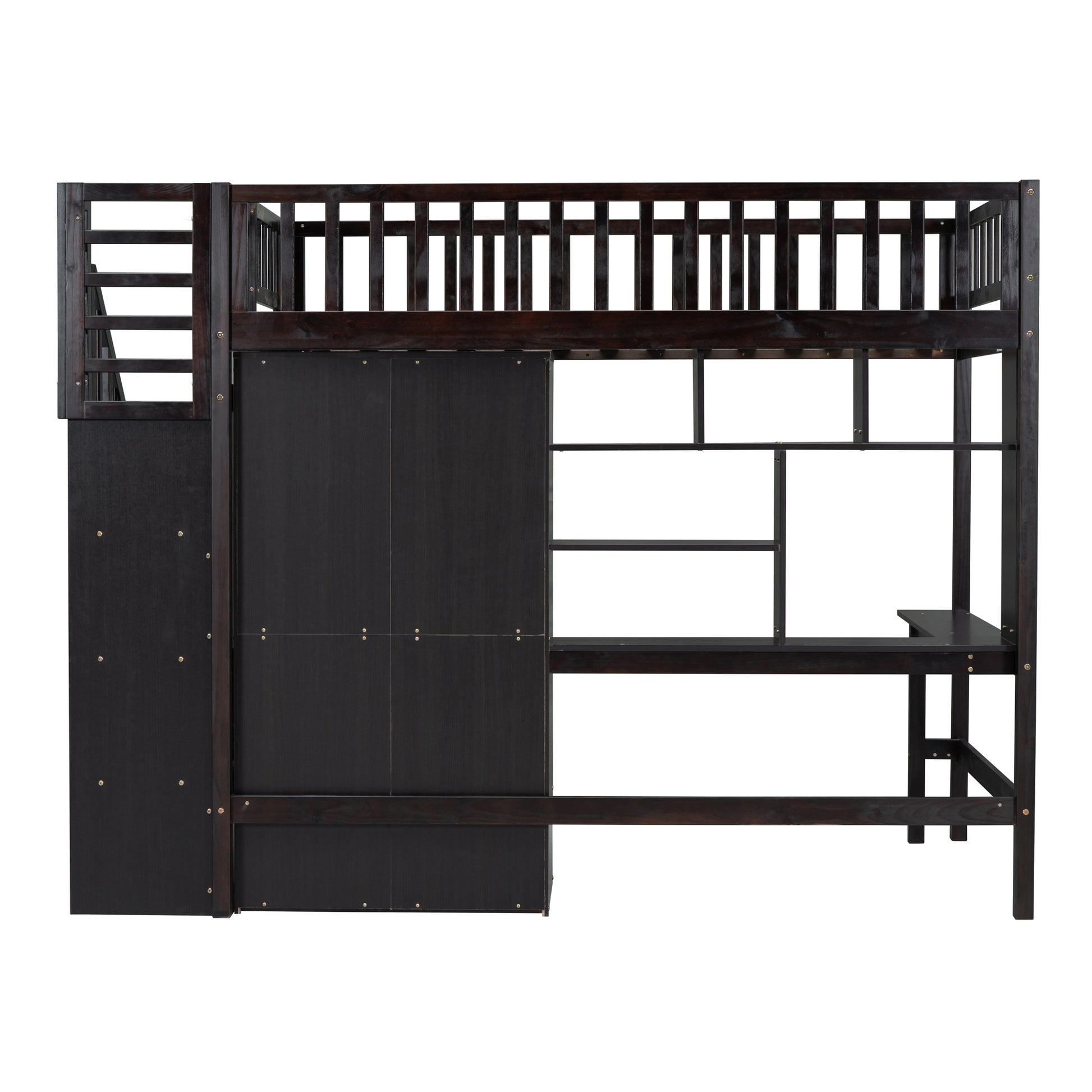 Dark brown wooden loft bed with integrated desk and shelves