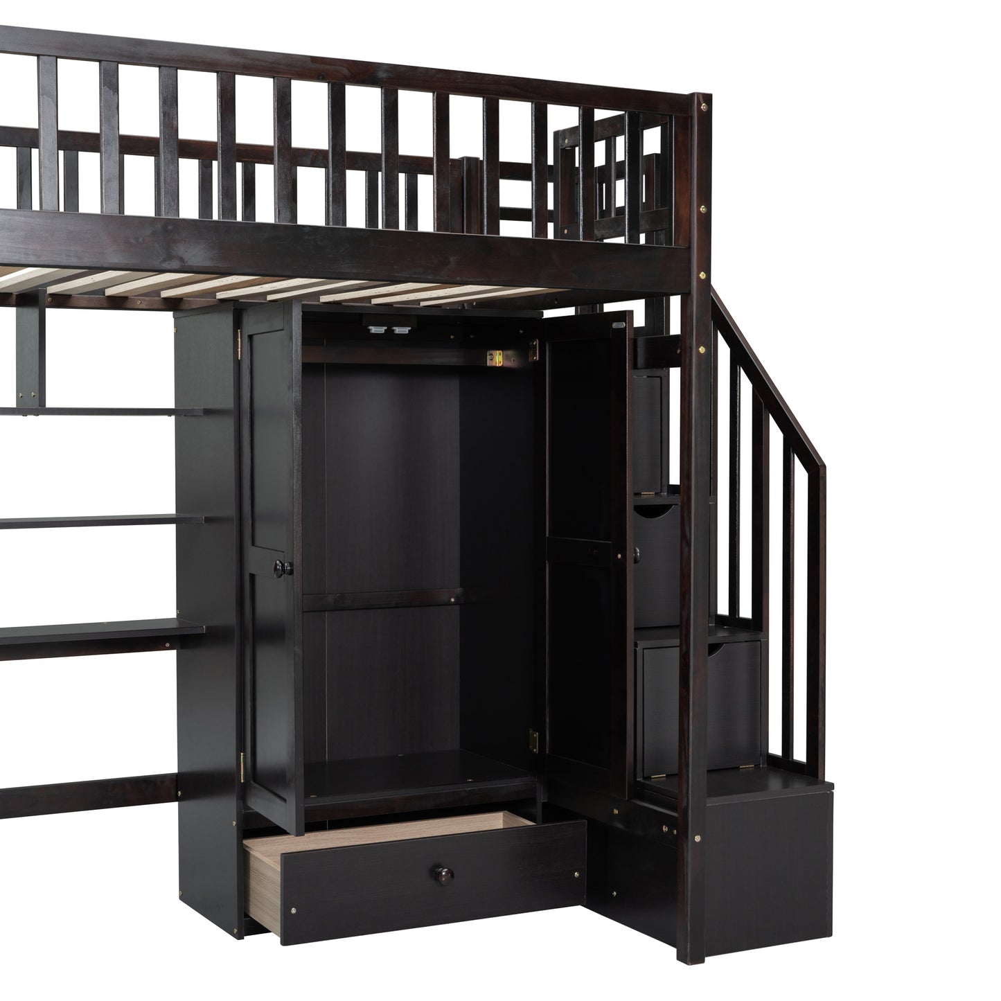 Dark espresso wood loft bed with integrated wardrobe and stairs