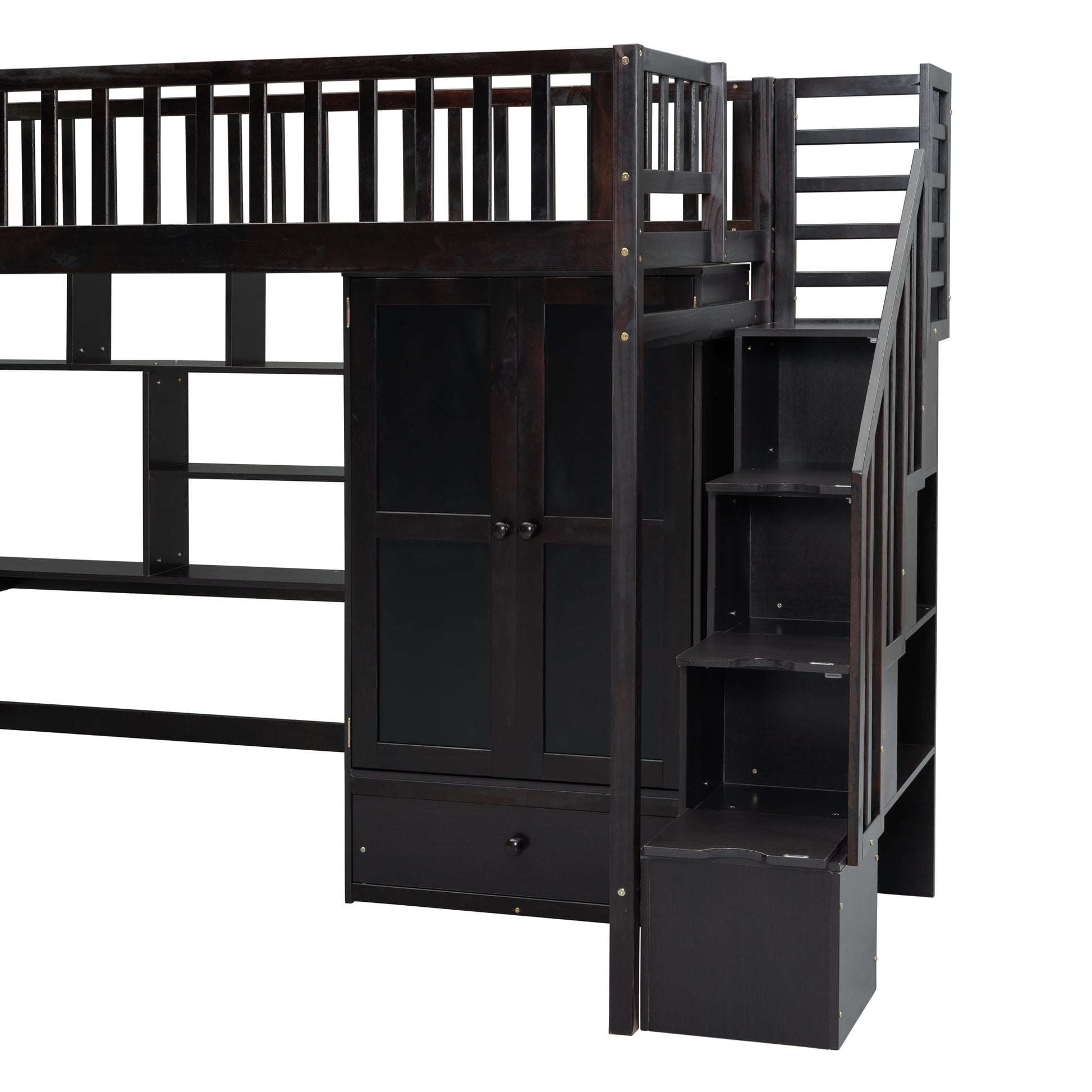 Dark espresso loft bed with integrated wardrobe and shelves