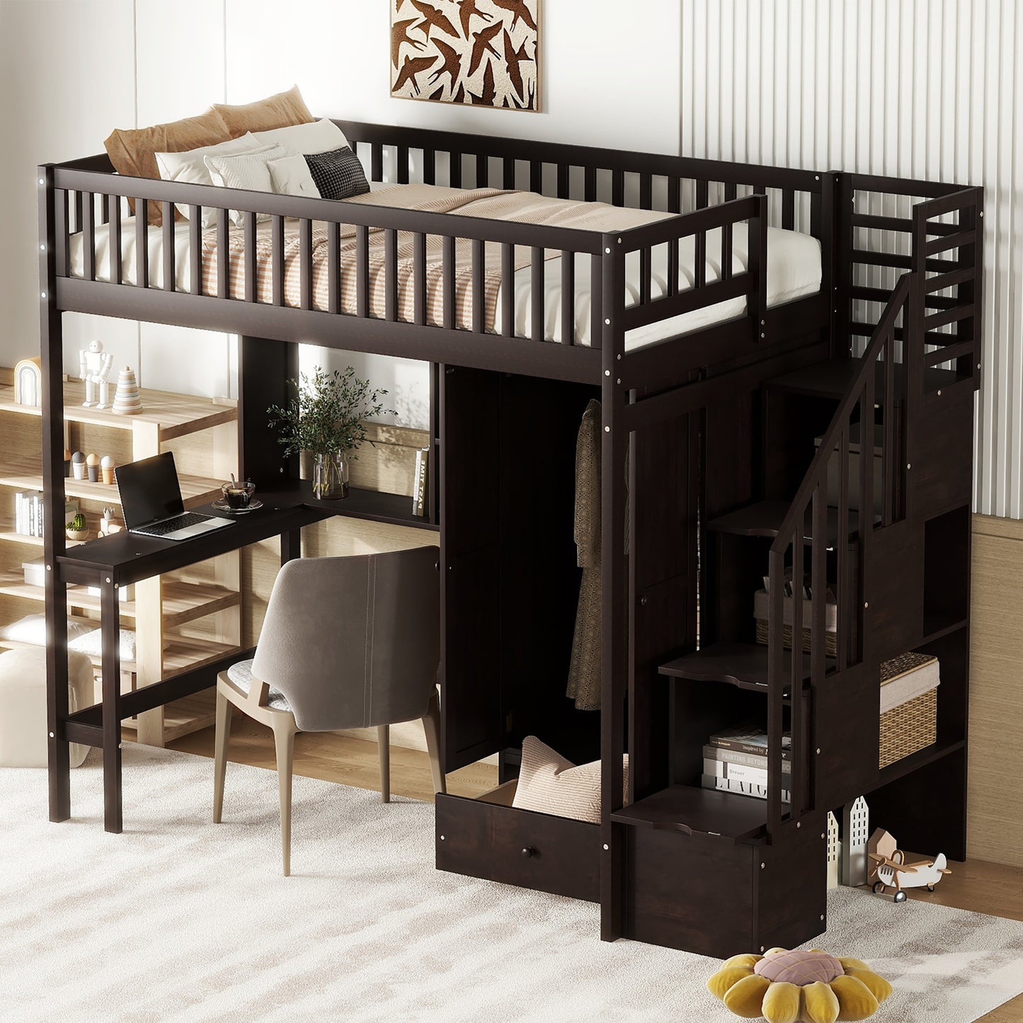 Dark espresso loft bed with integrated desk and storage