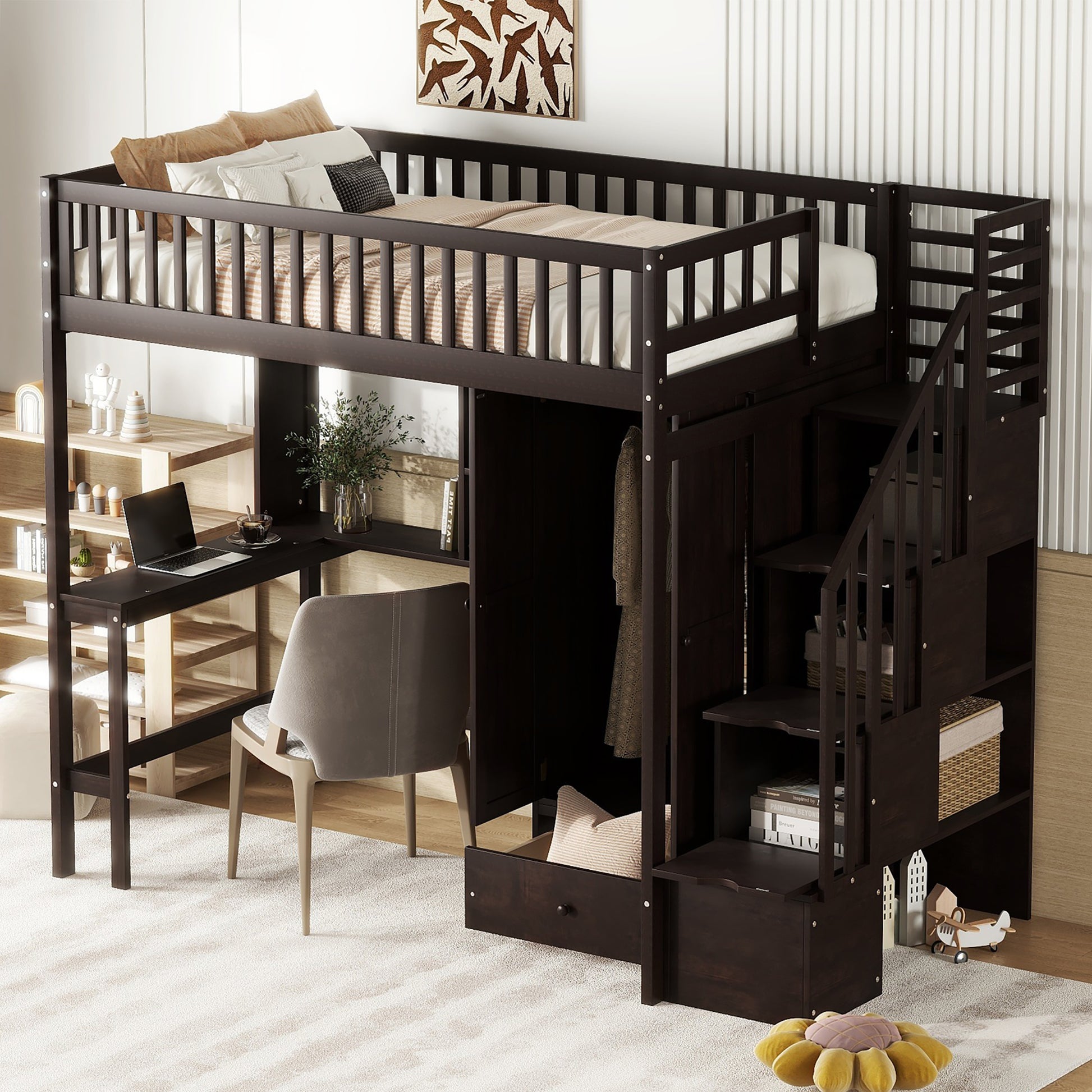 Dark espresso loft bed with integrated desk and storage