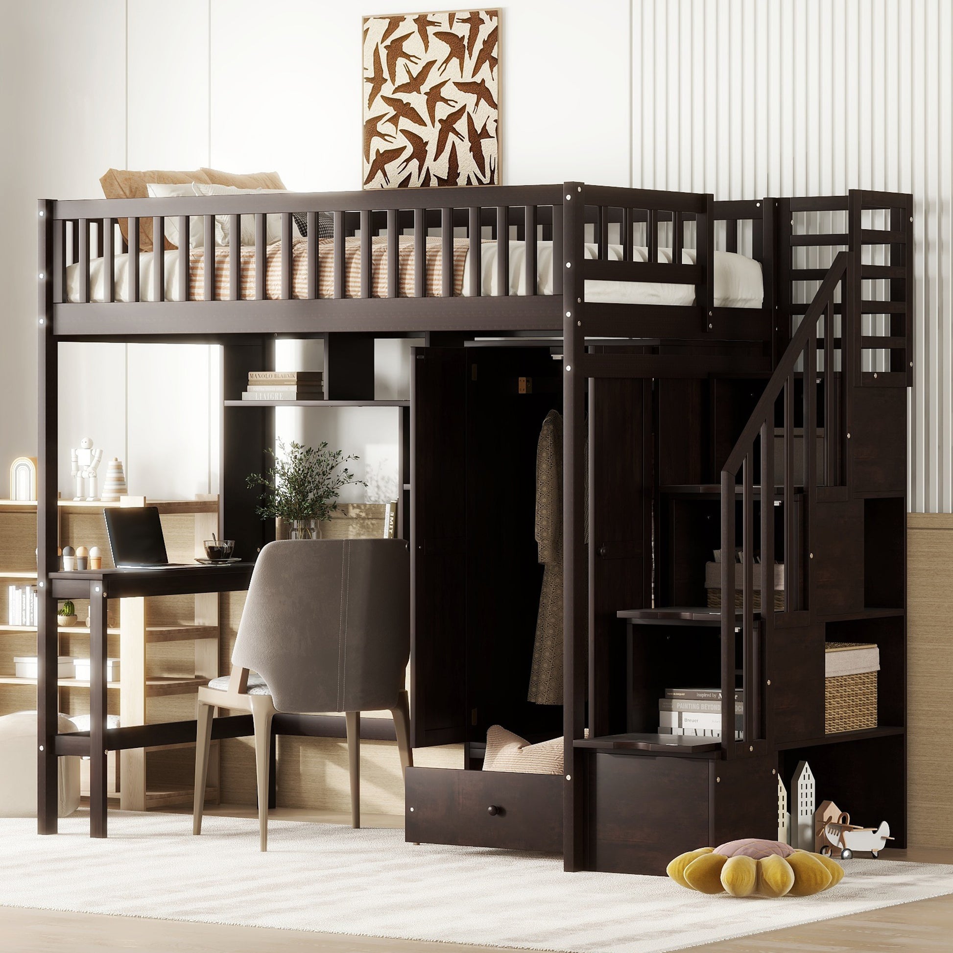 Dark wood loft bed with integrated desk and closet