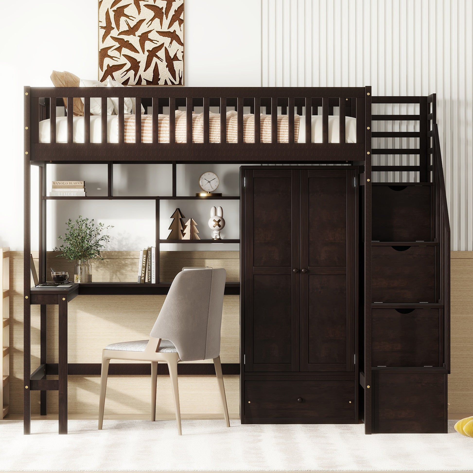 Dark wood loft bed with integrated desk and closet
