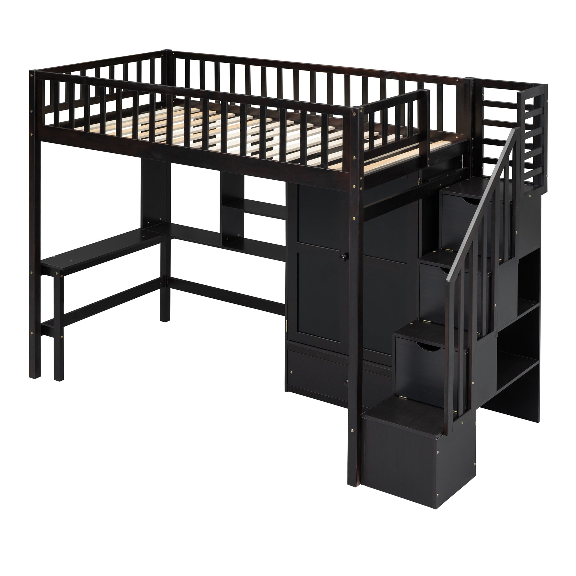 Dark brown wooden loft bed with stairs and storage
