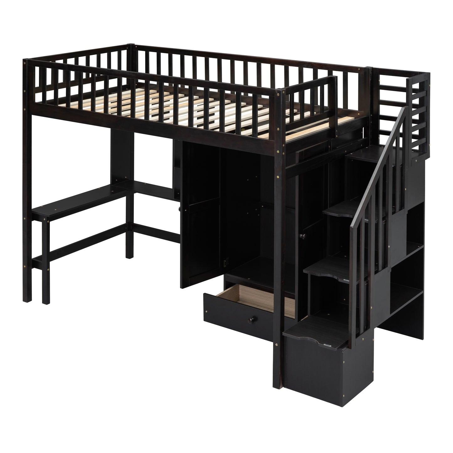 Dark brown wooden loft bed with integrated desk and storage stairs