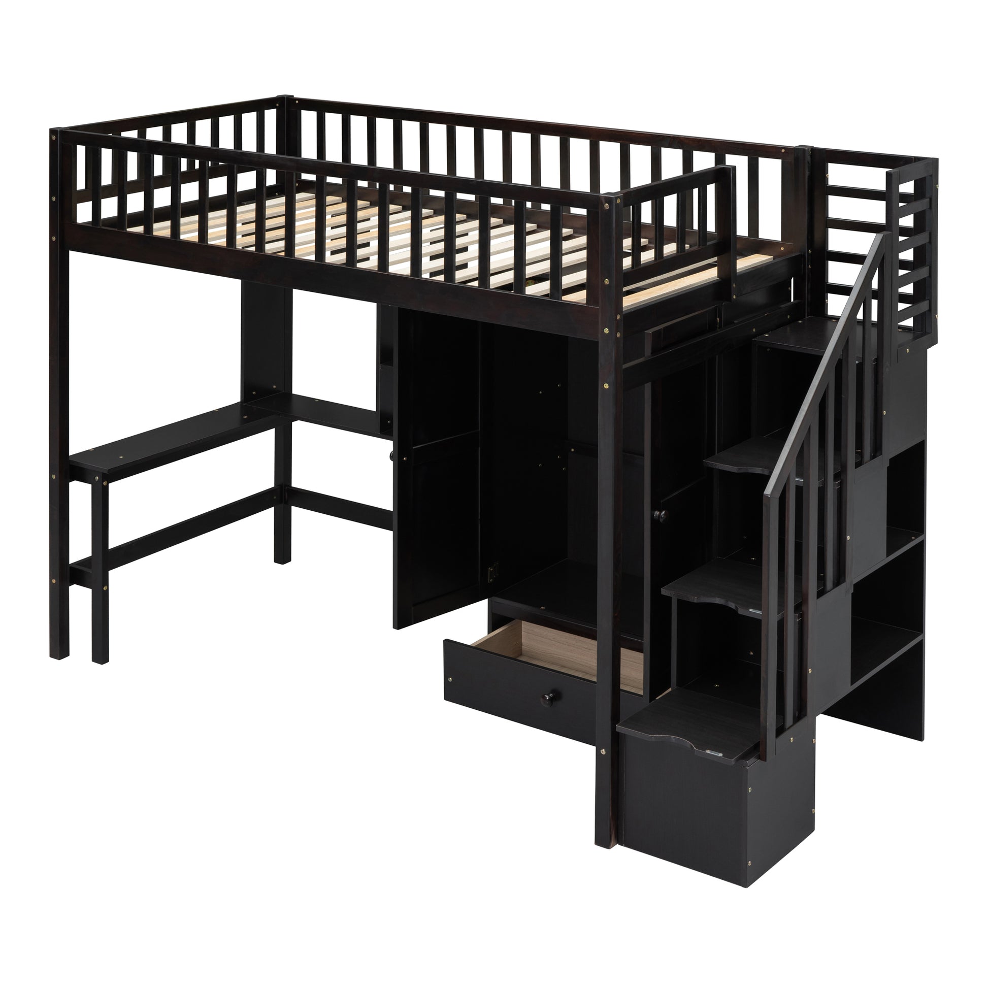 Dark brown wooden loft bed with integrated desk and storage stairs