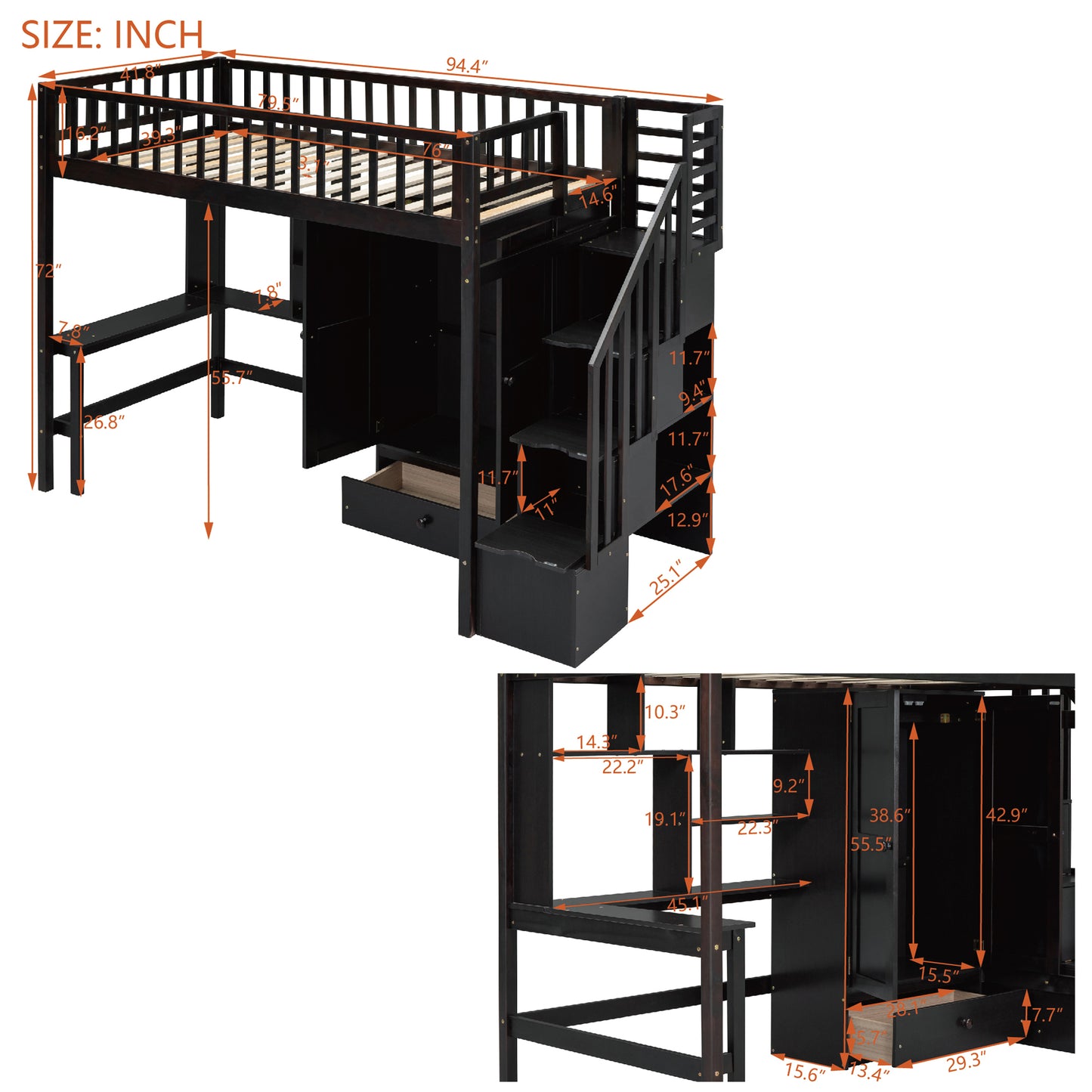 Dark espresso loft bed with integrated desk and storage drawers