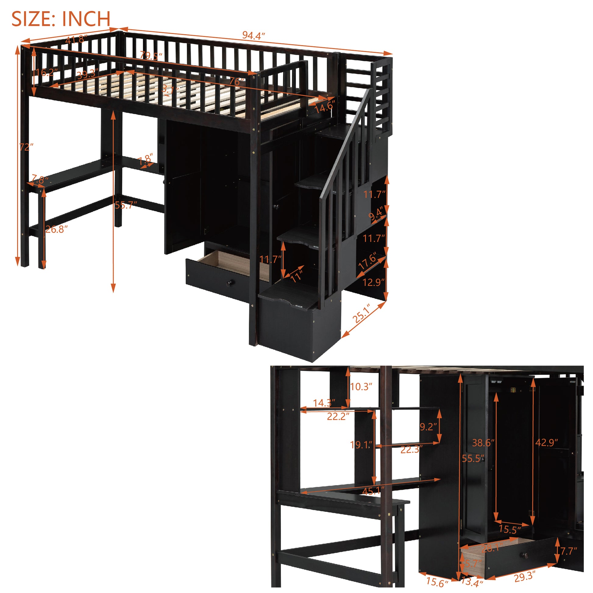 Dark espresso loft bed with integrated desk and storage drawers