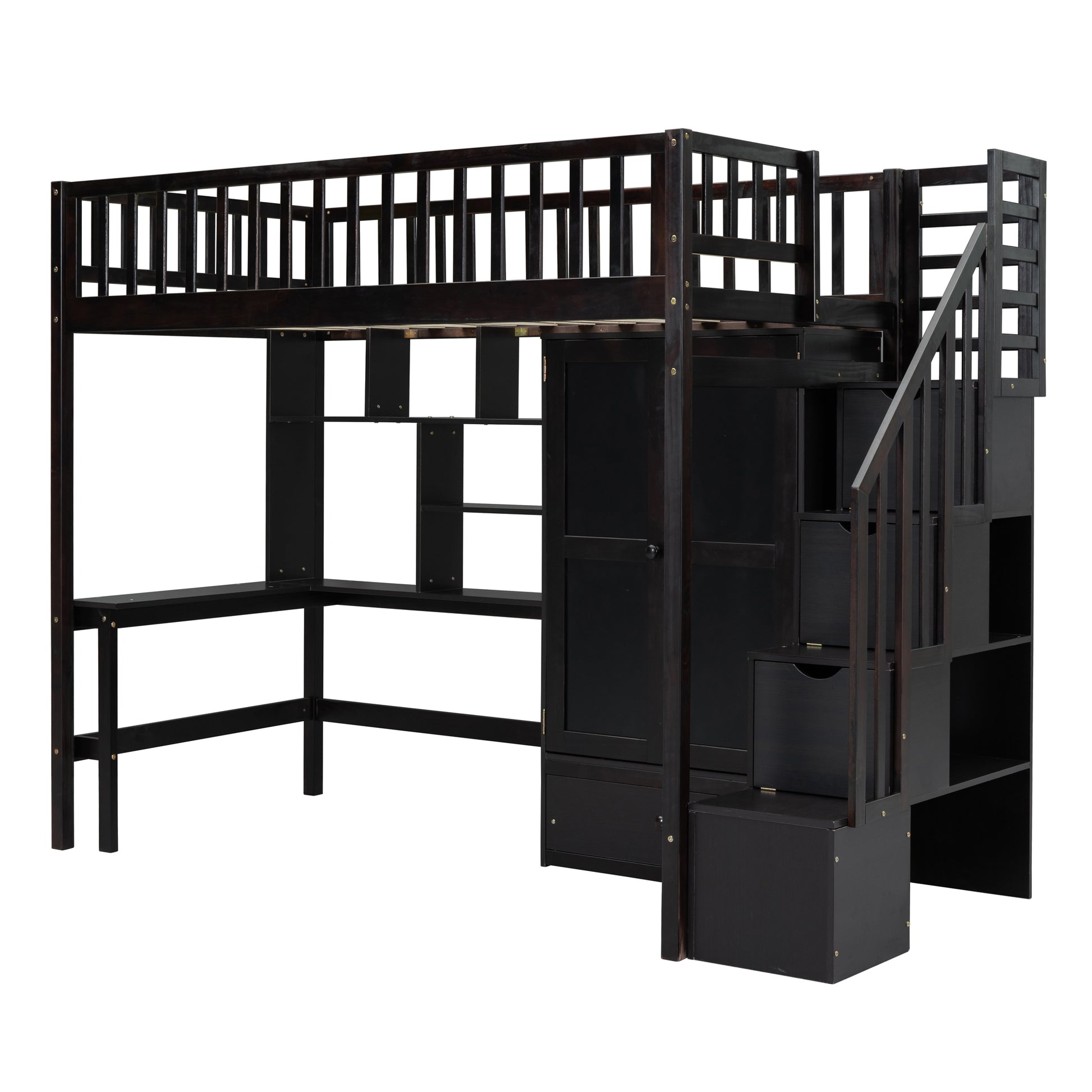 Dark espresso loft bed with stairs and integrated desk