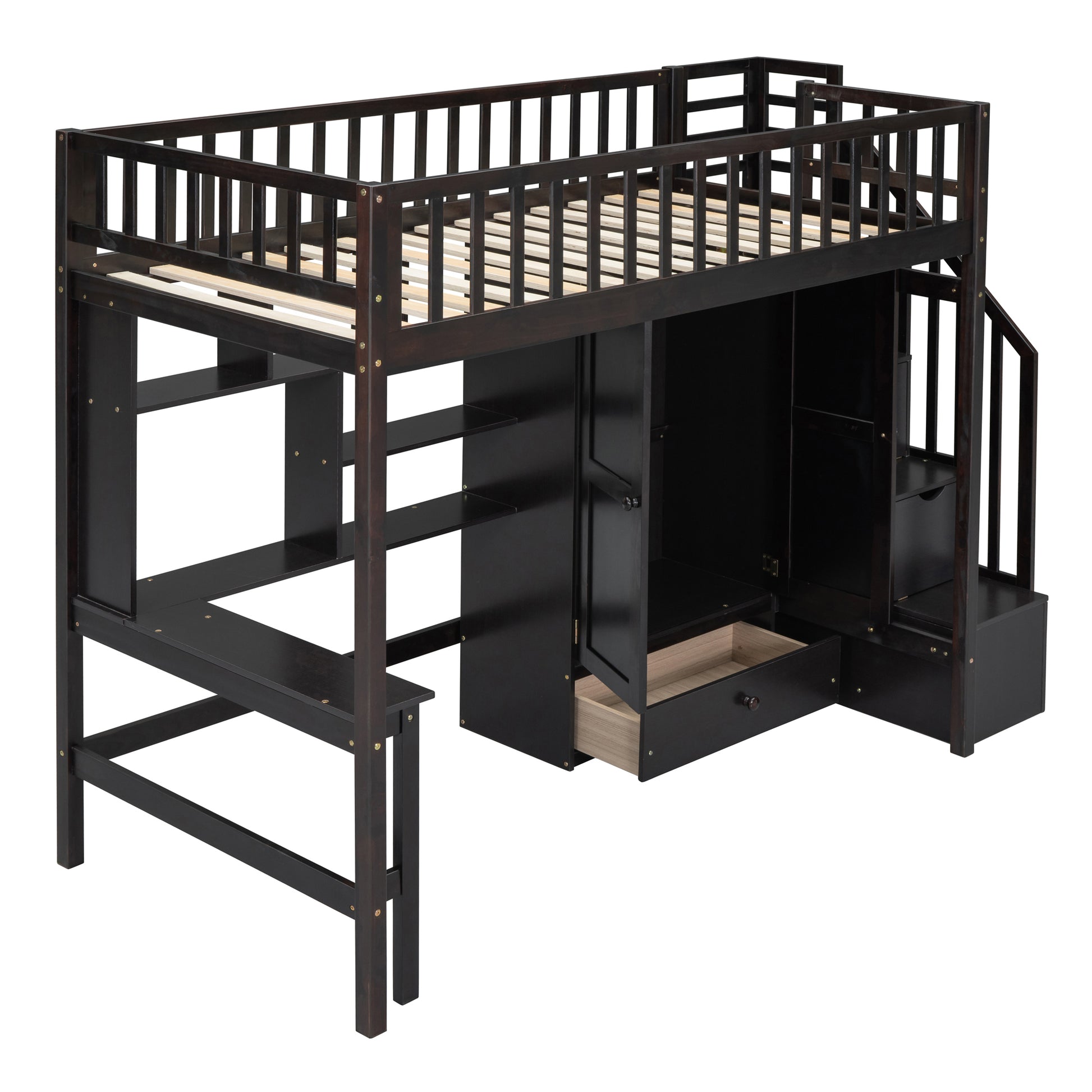 Dark wood loft bed with integrated wardrobe and desk